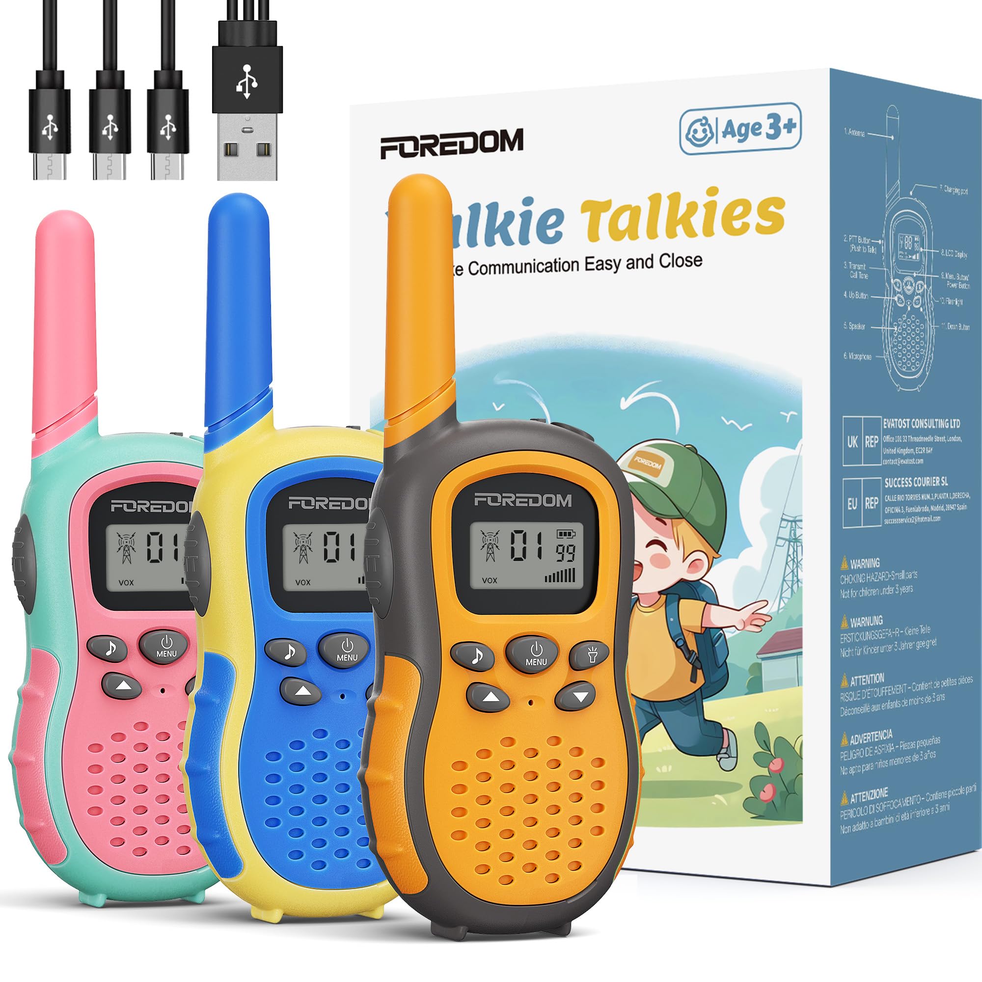 FOREDOM Talkie Walkie Enfants Rechargeable, Talkie-Walkie Longue Portée pour Garçons & Filles de 3-12 Ans avec Lampe, Lot de 3