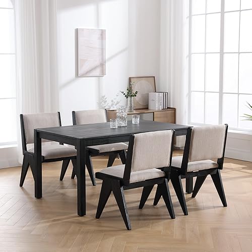 Miniatura 5 de Juego de 2 sillas de comedor modernas de mediados de siglo tapizadas de lino con patas de madera negra, sillas laterales sin brazos con respaldo