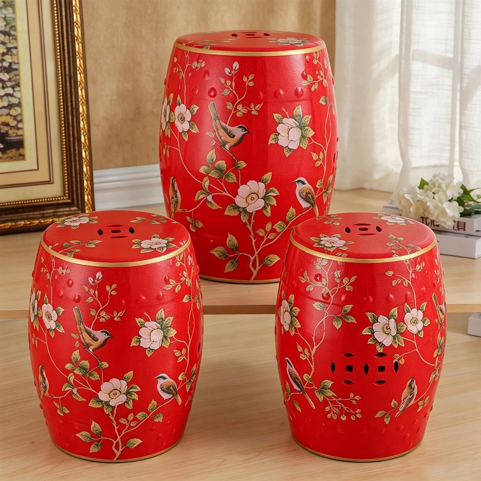 Ceramiczny Stołek Ogrodowy, Ręcznie Malowany Dekoracyjny Stół Akcentujący Bęben Do Użytku Wewnątrz I Na Zewnątrz, Malowana Glazura, Stolik Boczny Na Patio, Salon, Sypialnia, Balkon(Red)