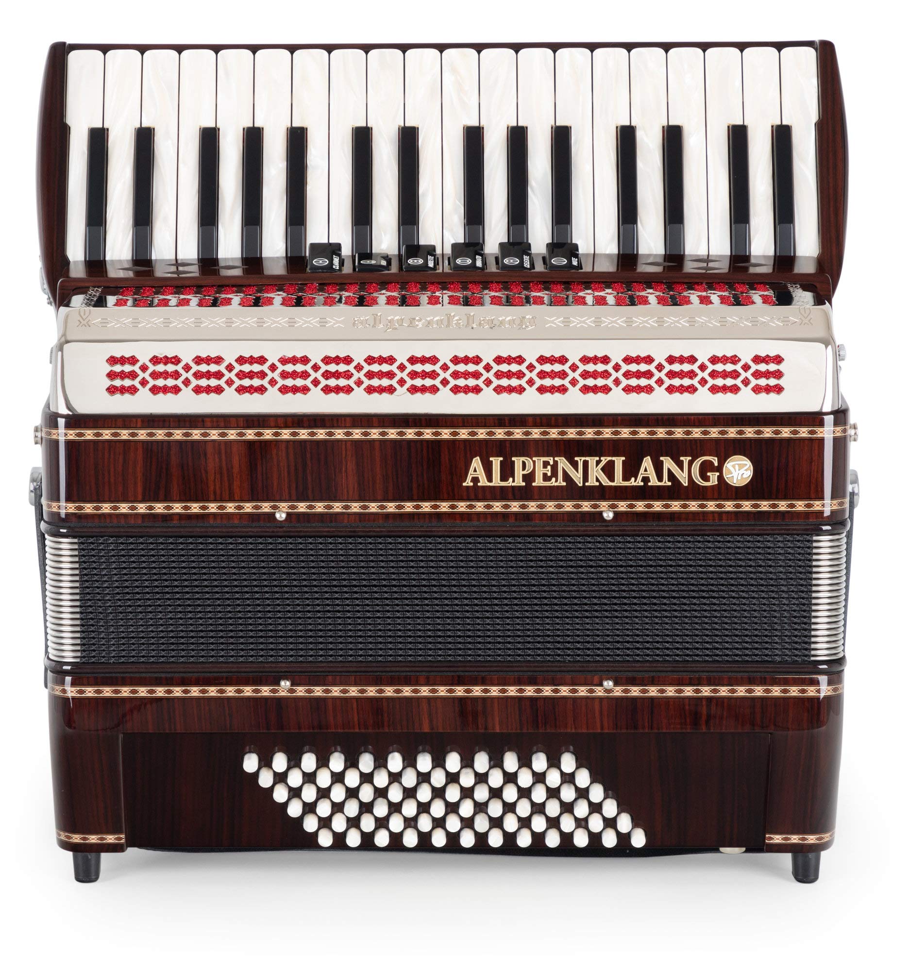 Alpenklang Pro Akkordeon III 72 M Palisander, 6 Diskant-Register, 72 Bässe | 34 Diskant-Tasten aus Perlmutt, 3-chörig im Diskant, Kräftiger, 4-chöriger Standard-Bass, Abmessungen: ca. 42 x 44 x 27 cm