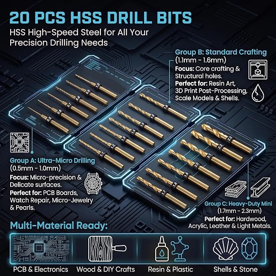 ARROWMAX Mini Electric Hand Drill Pen with 20pcs Drill Bits & LED Light