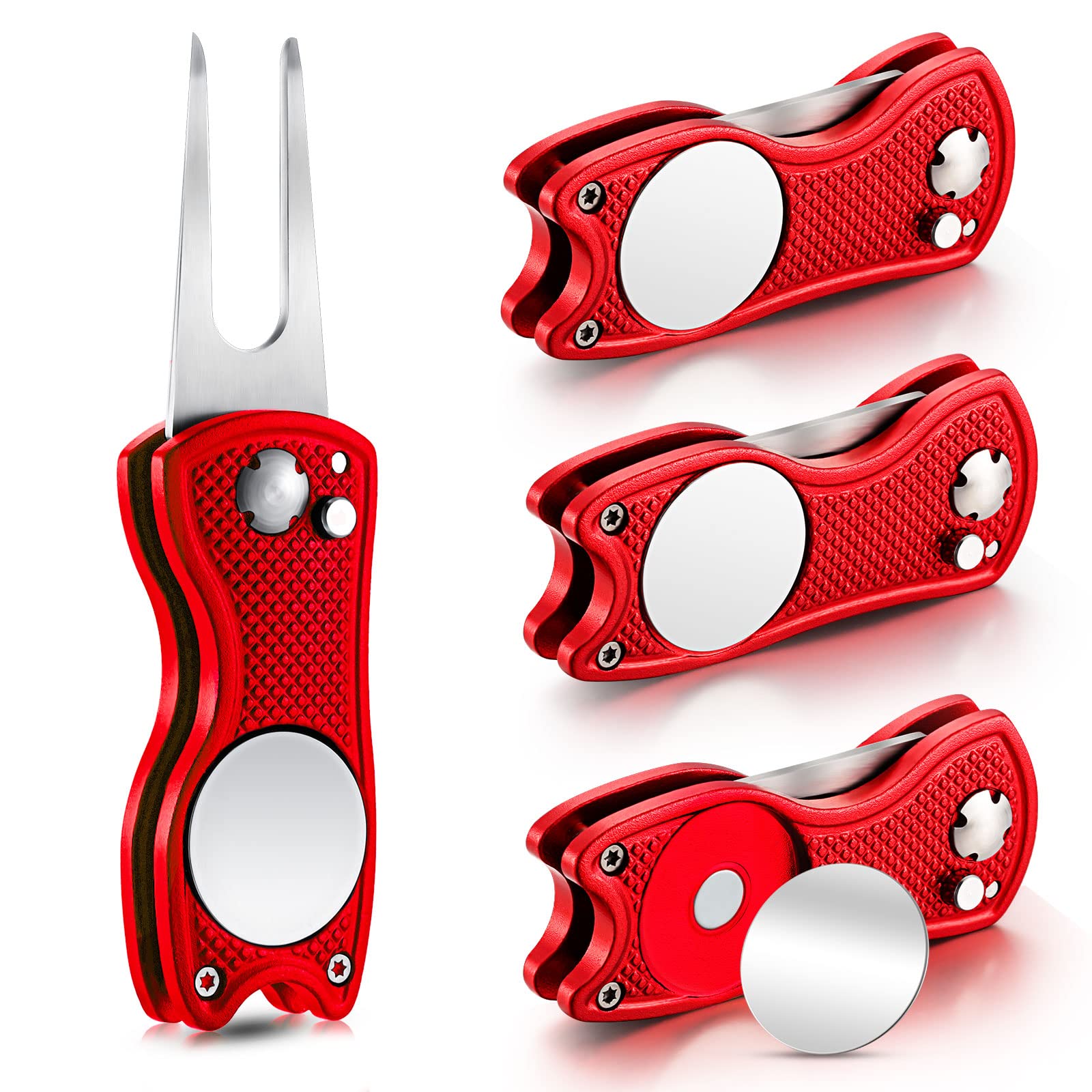 Skylety 4 Pcs Golf Divot Repair Tool Metal Foldable Golf Divot Tool with Magnetic Pop-up Button Ball Marker Stainless Steel Switchblade for Golfers Prizes(Red)
