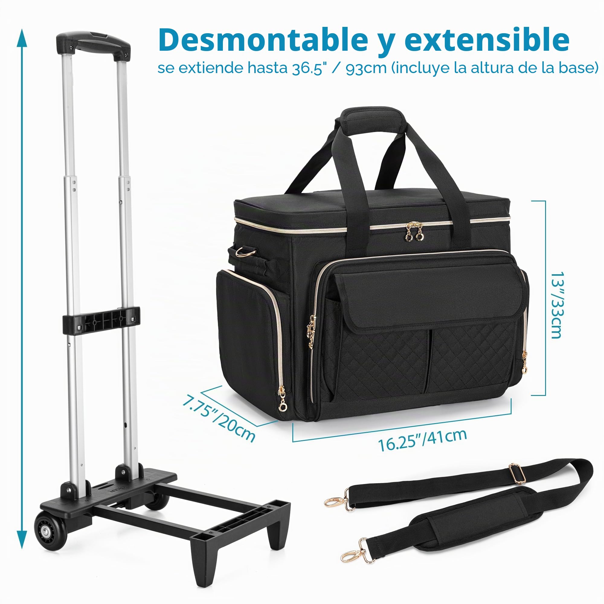 Luxja Bolsa para Máquinas de Coser con Múltiples Bolsillos, Estuche de Máquina de Coser con Ruedas y Correa de Hombro Desmontable (Compatible con Mayoría de Máquinas de Coser Estándar), Negro