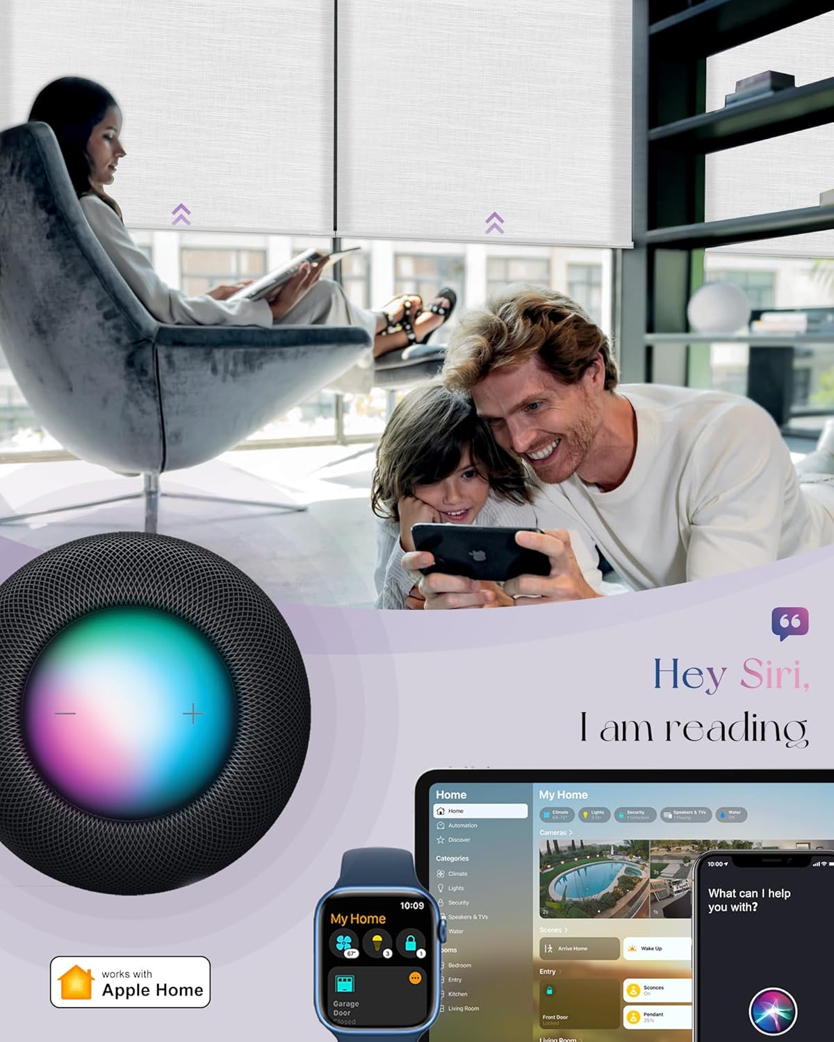 Graywind HomeKit Light Filtering Shades Eve Powered Siri Voice Control Home App Rechargeable Smart Blinds with Valance Custom Size (Mixwave White)