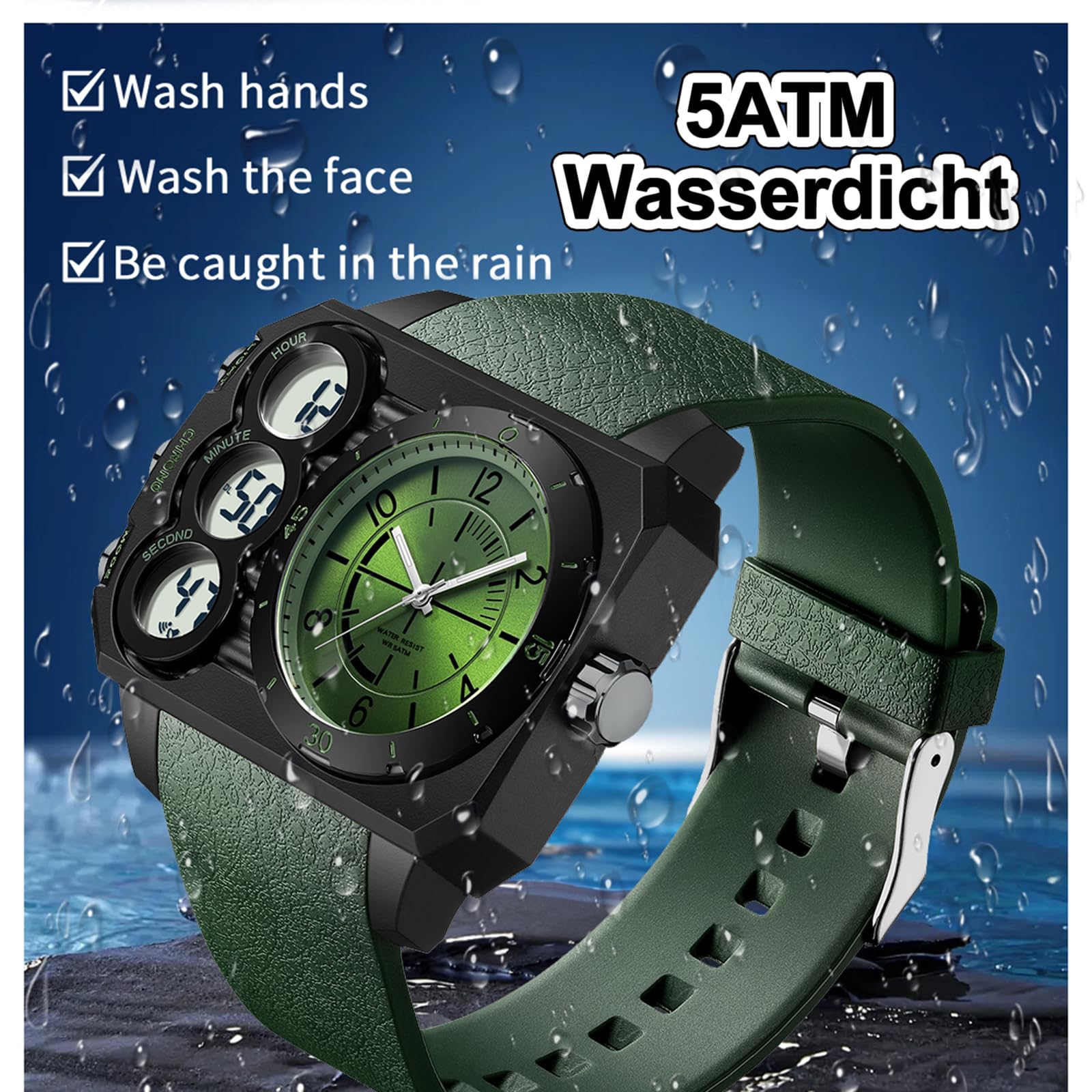 findtime Relojes rectangulares para hombre, digital, analógico, grande, militar, resistente al agua, 5 ATM, reloj deportivo para hombre, reloj táctico, cronómetro, 12/24 horas, tres zonas horarias