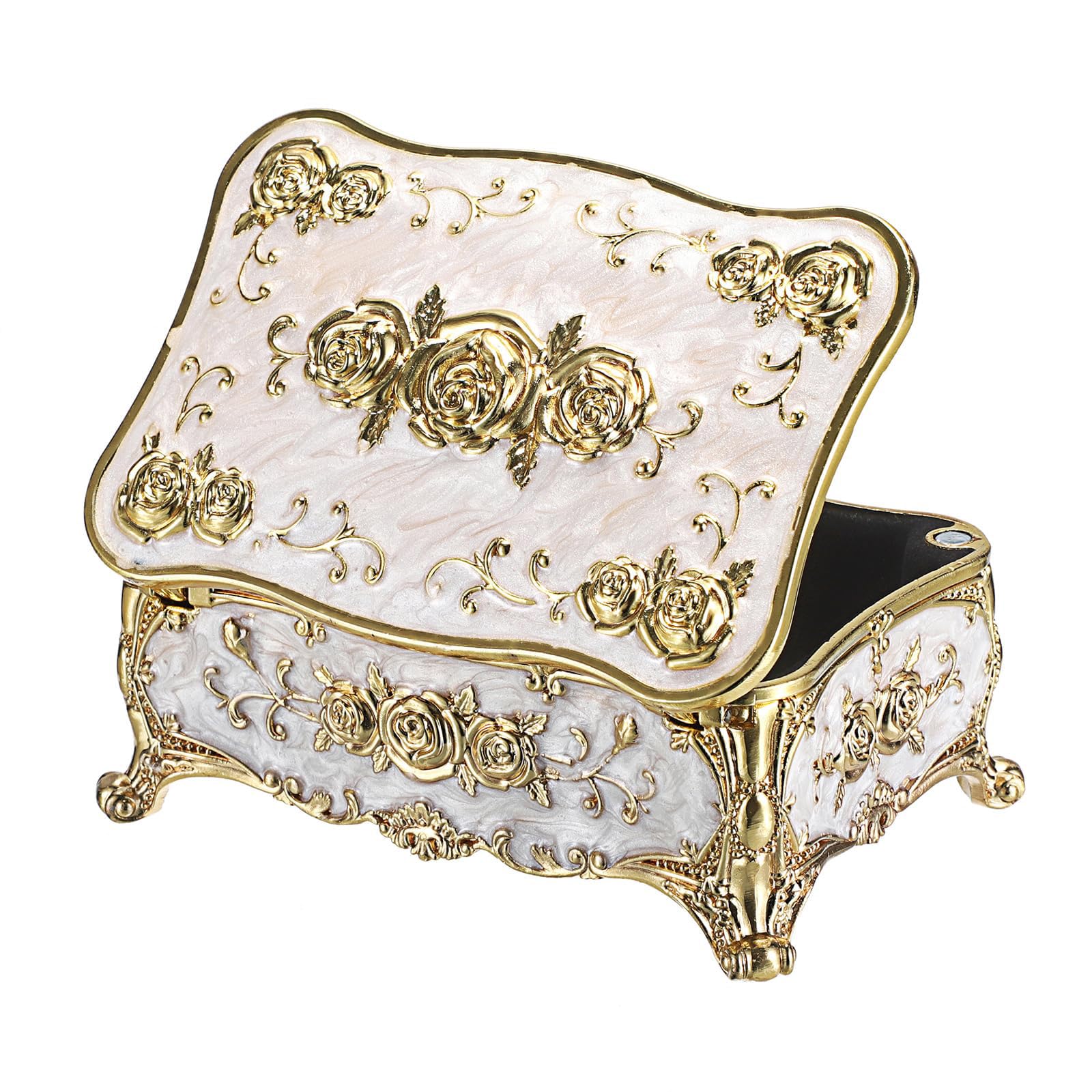 Msioytog Rose Pattern Jewelry Holder Zincs Alloy Soft Lining Large Storage Case Rose Enameled Jewelry Box