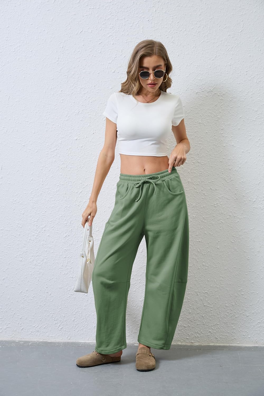 Hongsui Women's Barrel Leg Pants Elasticated Waistband Soft Wide Leg Pants with Pockets Casual Sweatpants - Image 4