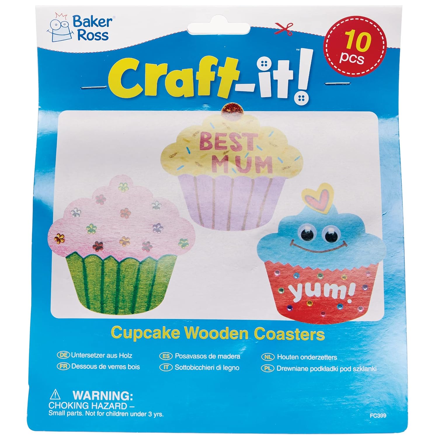Baker Ross Cupcake Wooden Coasters - Pack of 10, Wood Crafts for Children (FC399)