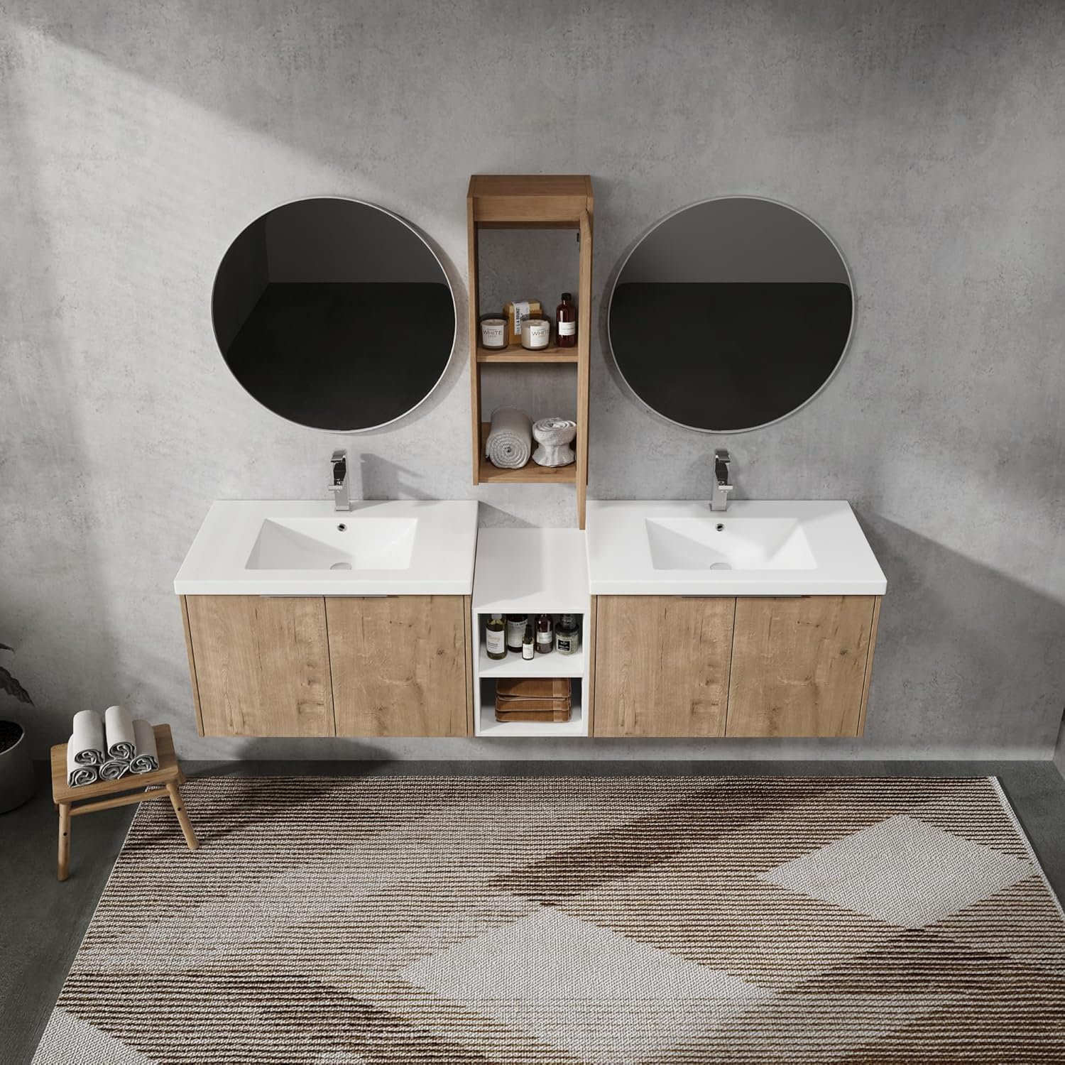 72" Double Sink Bathroom Vanity Modern Wall-Mounted Bathroom Vanity with Sink 72-Inch Floating Bathroom Vanities Set with 1 White Open Storage Shelf & 1 Side Cabinet, Natural Oak