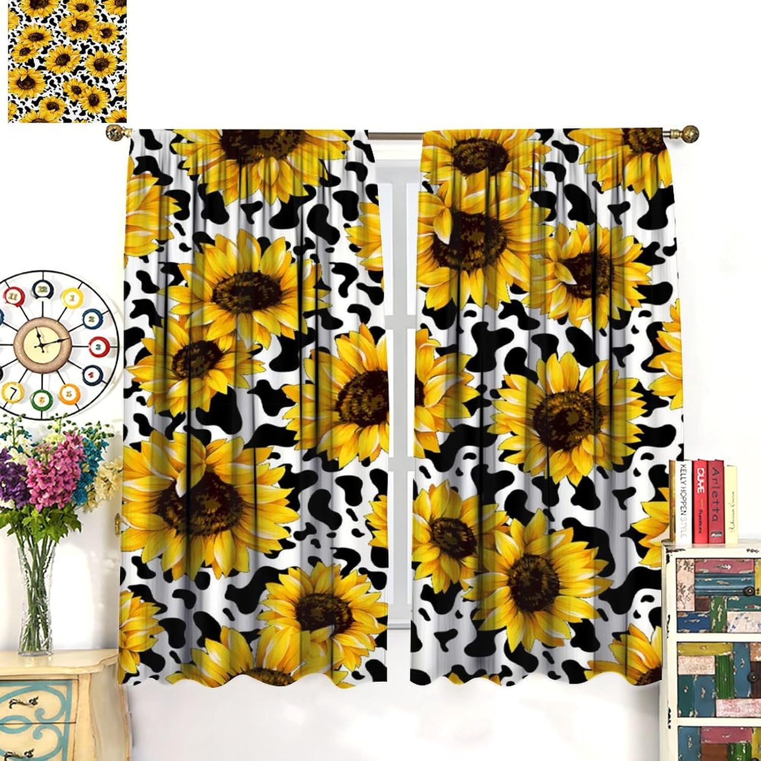 Sunflower Blackout Curtains Rustic Yellow Flowers Black White Milk Cow Print for Kids Girls Boys Women Bedroom Living Room Rod Pocket Decoration Window Drapes 2 Panels W21xL45in