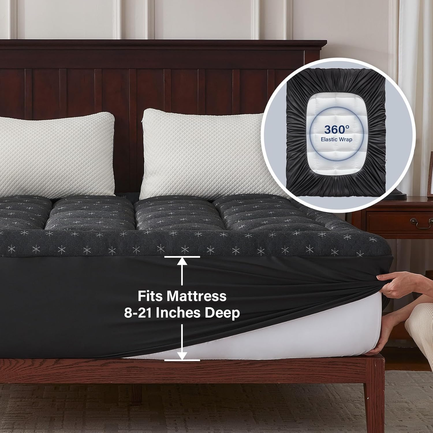 Anluoer Mattress Topper Queen Memory Foam for Back Pain,Down Alternative Pillow Top Mattress Topper,Thick Mattress Pad with 8-21" Deep Pocket, 60x80 Inches, Dark Grey