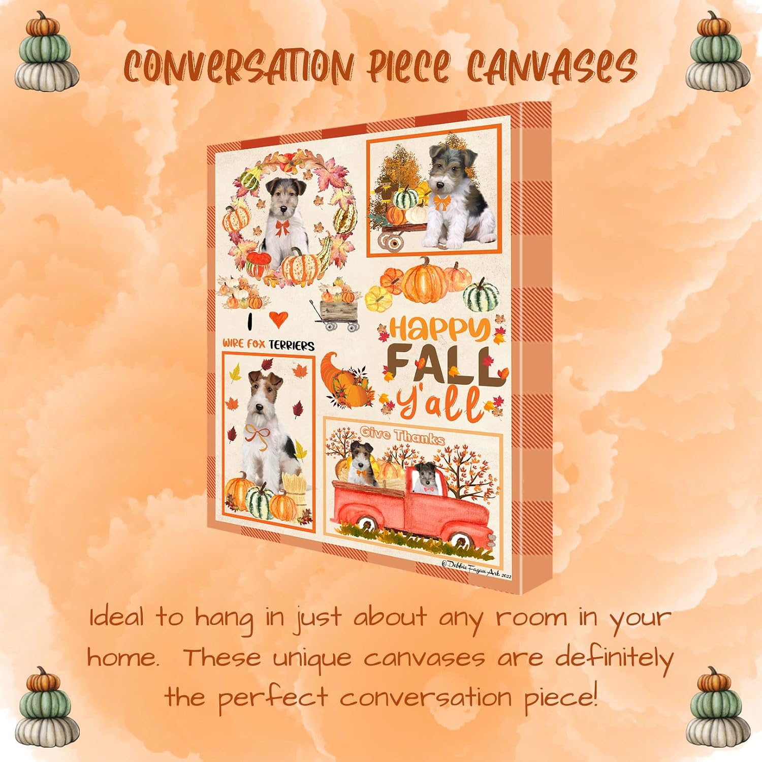 Fall Y'All with Wire Fox Terrier Dog Canvas Wall Art - Premium Quality Ready to Hang Room Decor - White Floating Framed 16" x 24"