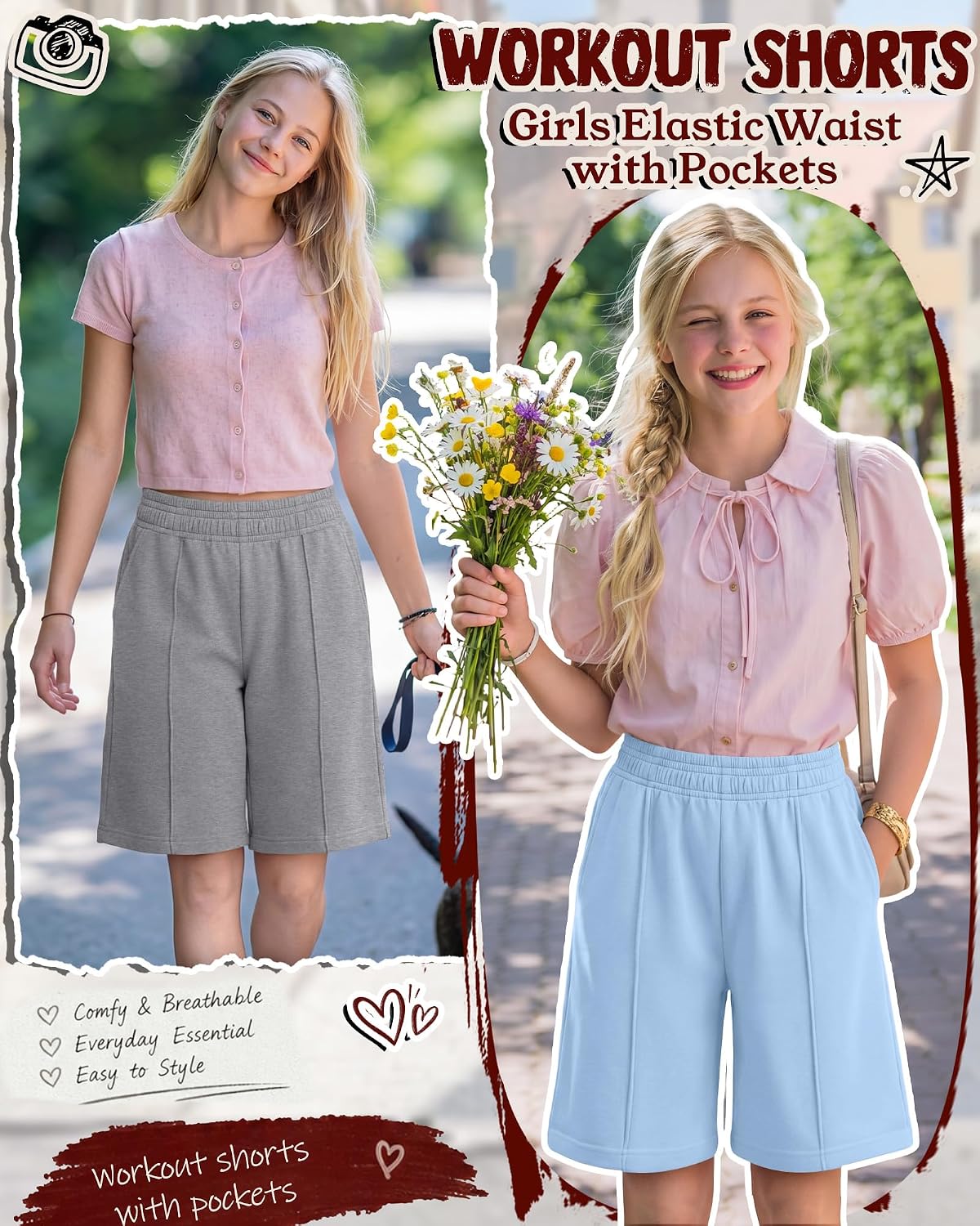 3 Pack Girls Bermuda Shorts Kids Knee Length Elastic Waist Pants Wide Leg Loose Athletic Casual Shorts with Pockets