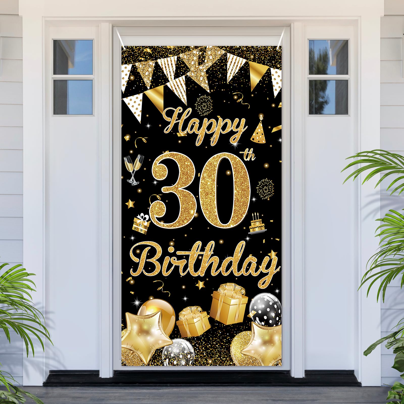PartyYaa 30th Birthday Banner, Happy 30th Birthday Door Cover Decorations, Extra Large Black Gold Party Banner Photo Booth Decor Sign Poster for Indoor Outdoor
