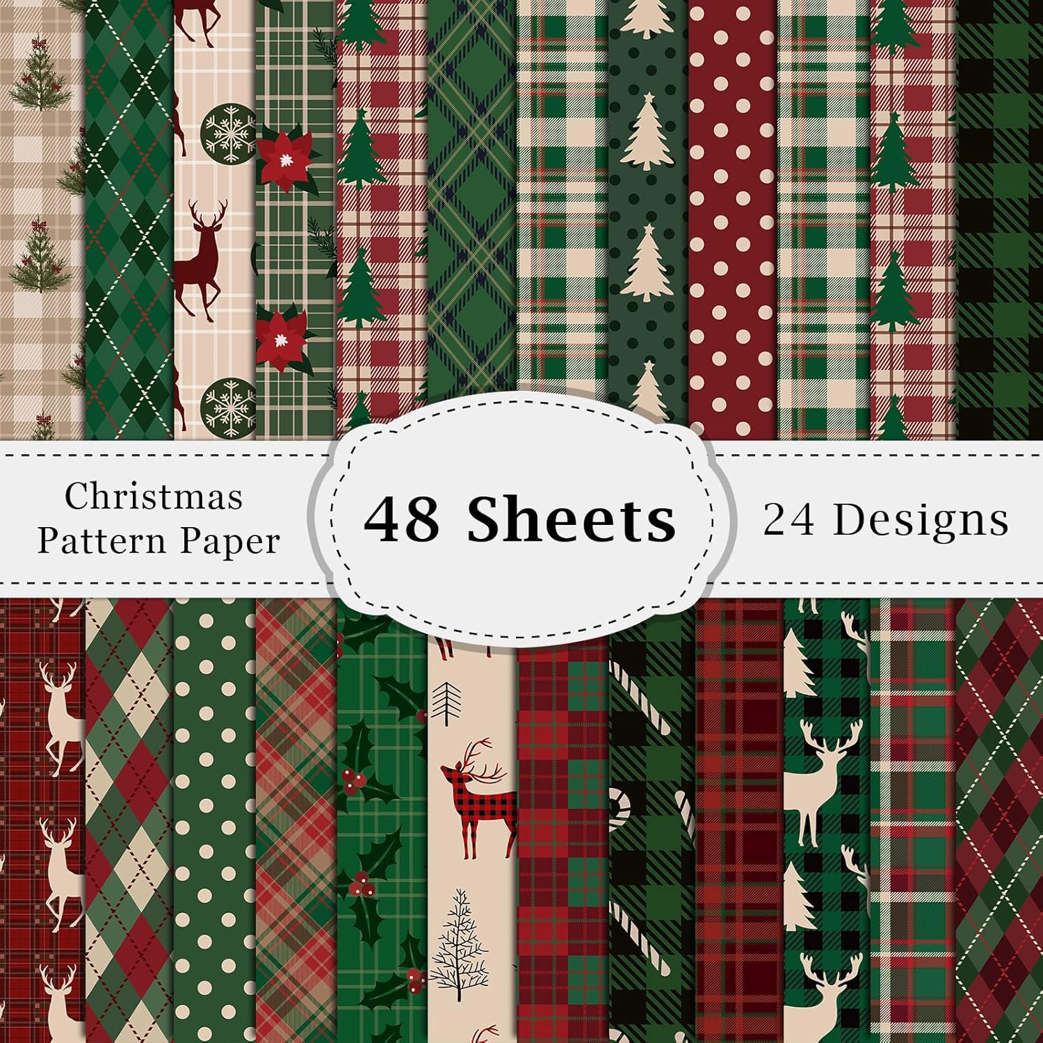 Lonfliness 48PCS Christmas Scrapbook Paper 12x12in Xmas Scrapbook Specialty Papers 24 Styles Retro Merry Christmas Decorative Paper Folded Flat DIY for Card Making Photo Album Journal Craft Decoration