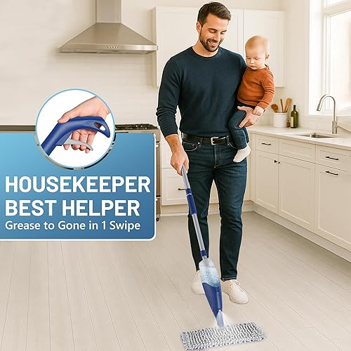 Miniatura 8 de Papclean Trapeadores en aerosol para limpieza de suelos fregona de polvo de doble cara para pisos de baldosas de madera dura con almohadillas de