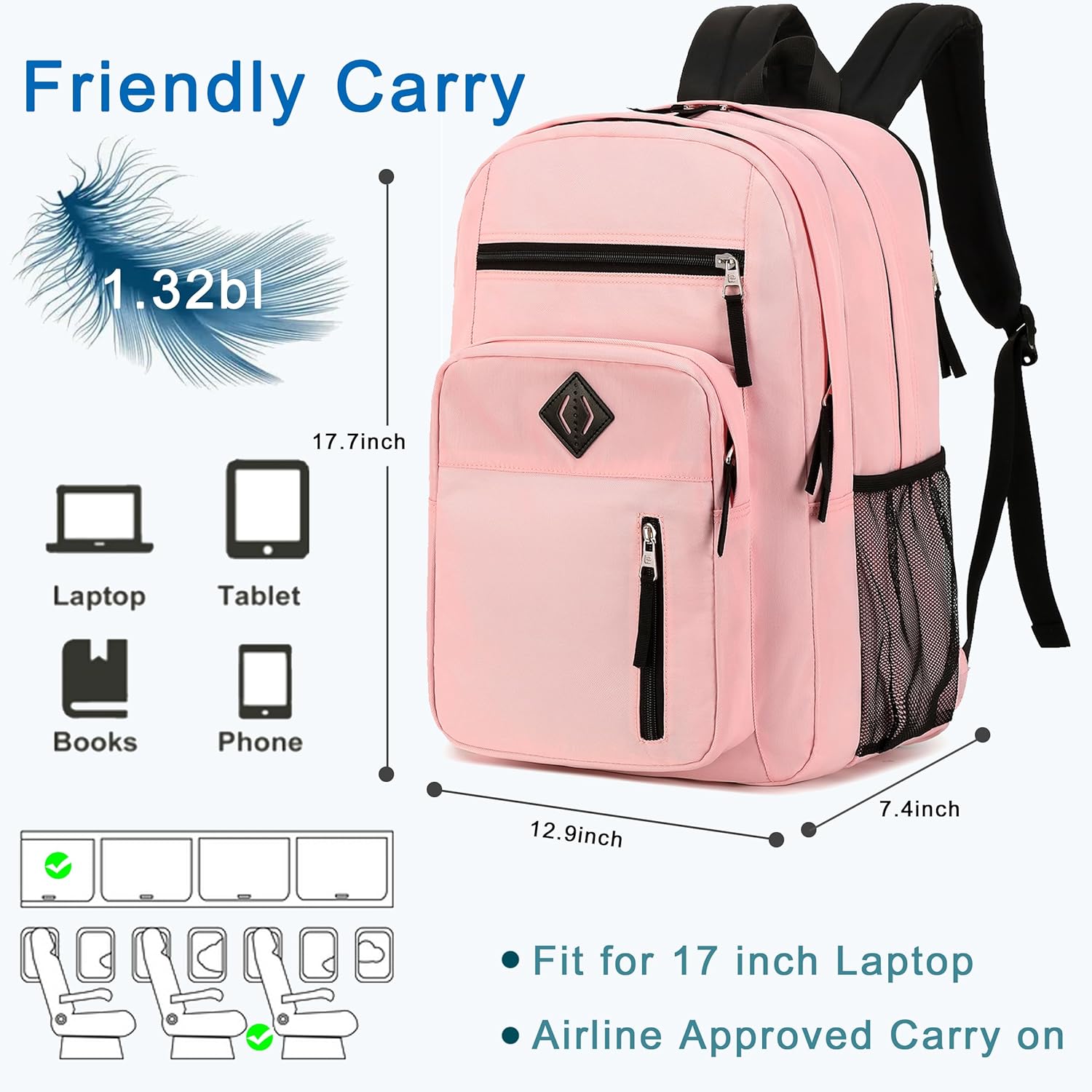 Laptop Backpack 17 inch for Women Men Large College Bookbags Waterpoof Work Business Travel Backpacks Kids School Bag for Girls Boys Students Teens Elementary Schoolbag Casual Daypack Sport-Pink - Image 6