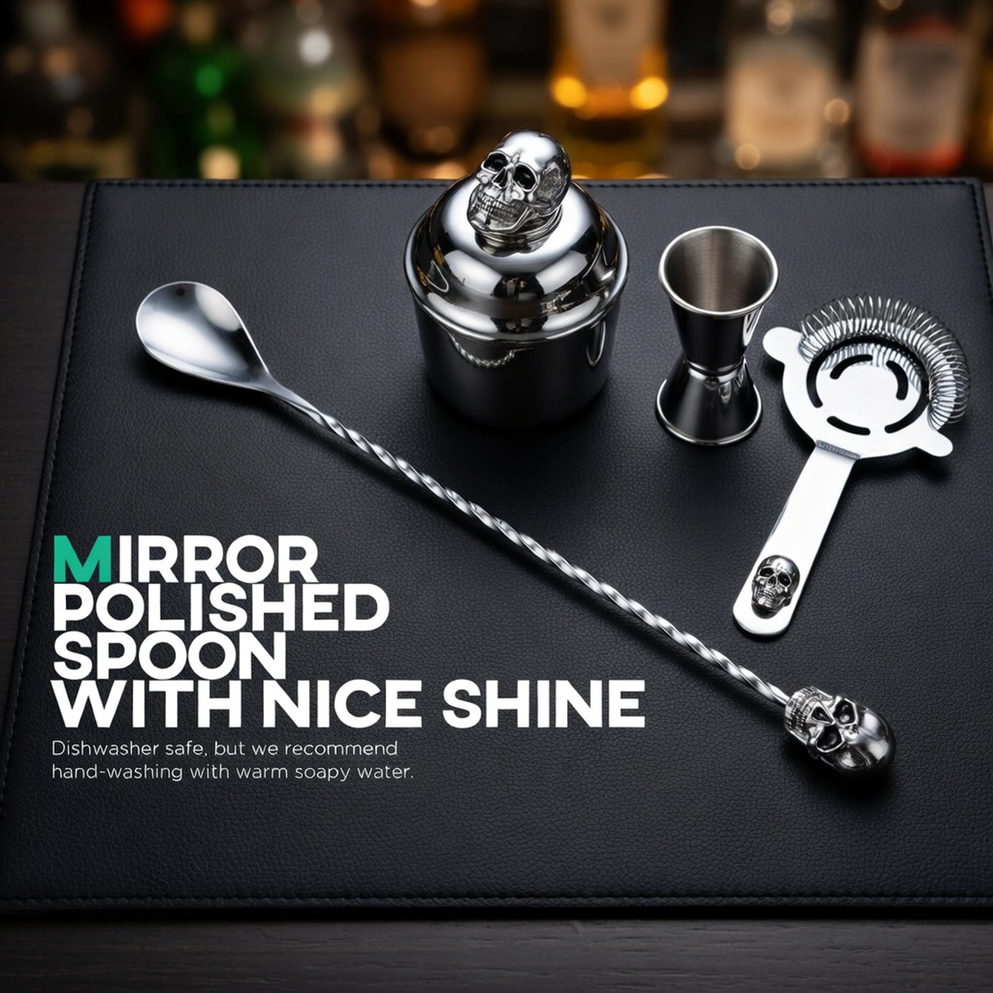 Homestia Cucchiaio da bar da 30,5 cm, cucchiaio da cocktail in acciaio inox con manico a spirale e estremità a teschio, manico lungo, per barista, stratificazione e miscelazione di bevande