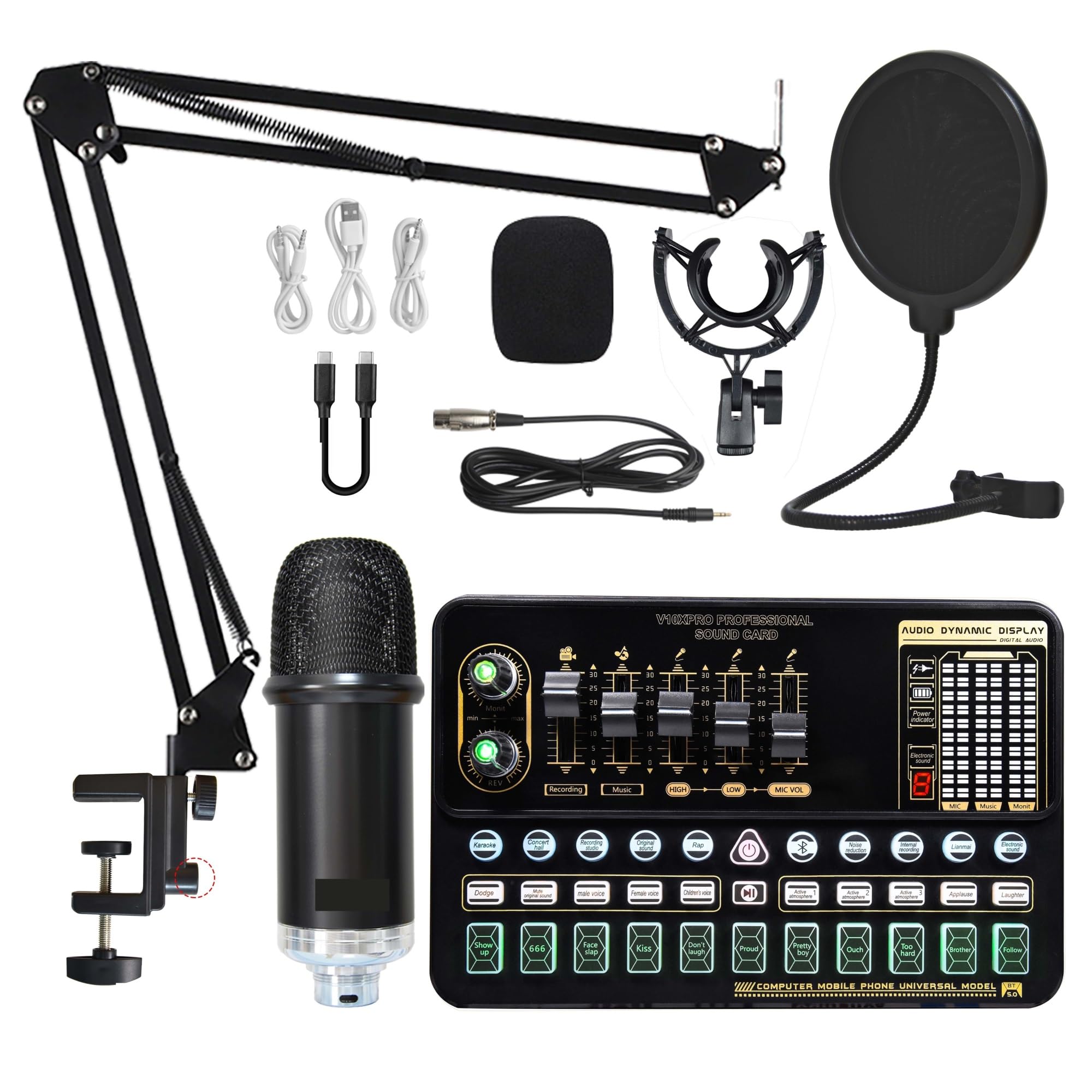 Professional Studio Karaoke & Podcast Bundle - Complete Condenser Microphone Set with Sound Card, Scissor Arm & Accessories (Black Bm900 Suit)