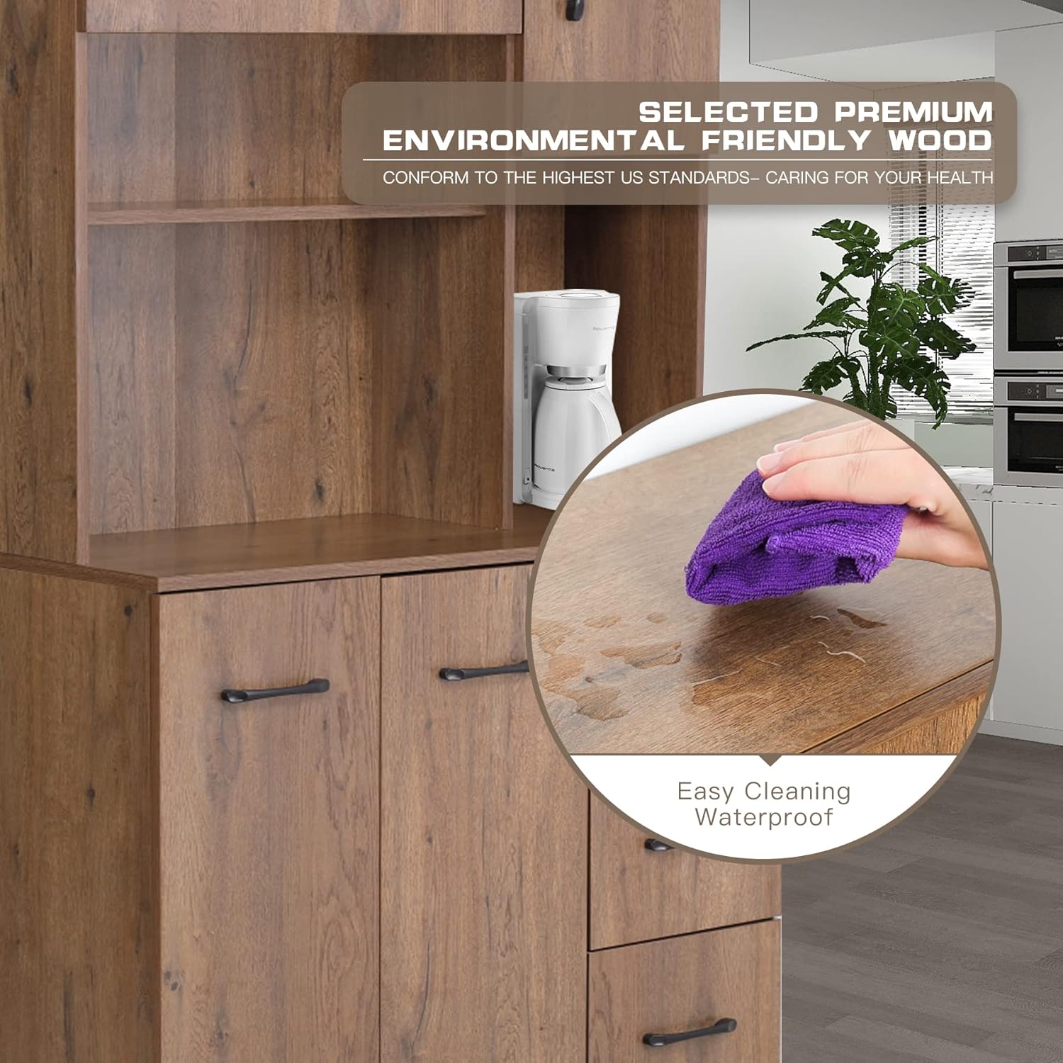 RYNSTO Kitchen Hutch Cabinet,Pantry Storage Cabinet with Anti-Falling Design, 3 Large Drawers,Open Countertop and Microwave Space for Kitchen,Dinning Room(Brown) : Home & Kitchen