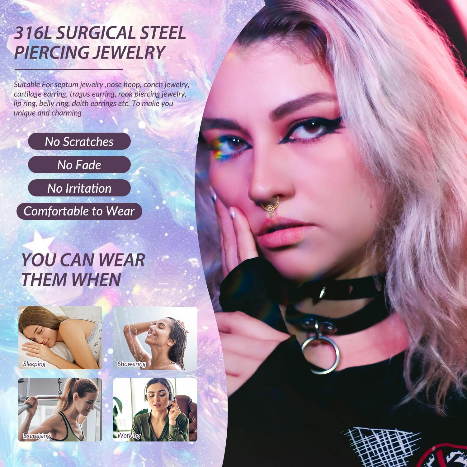 GAGABODY Septum Ring 16g Septum Jewelry Daith Earring Surgical Steel Seamless Nose Hoop Cartilage Earrings Hoops Galaxy Style CZ Helix Piercing