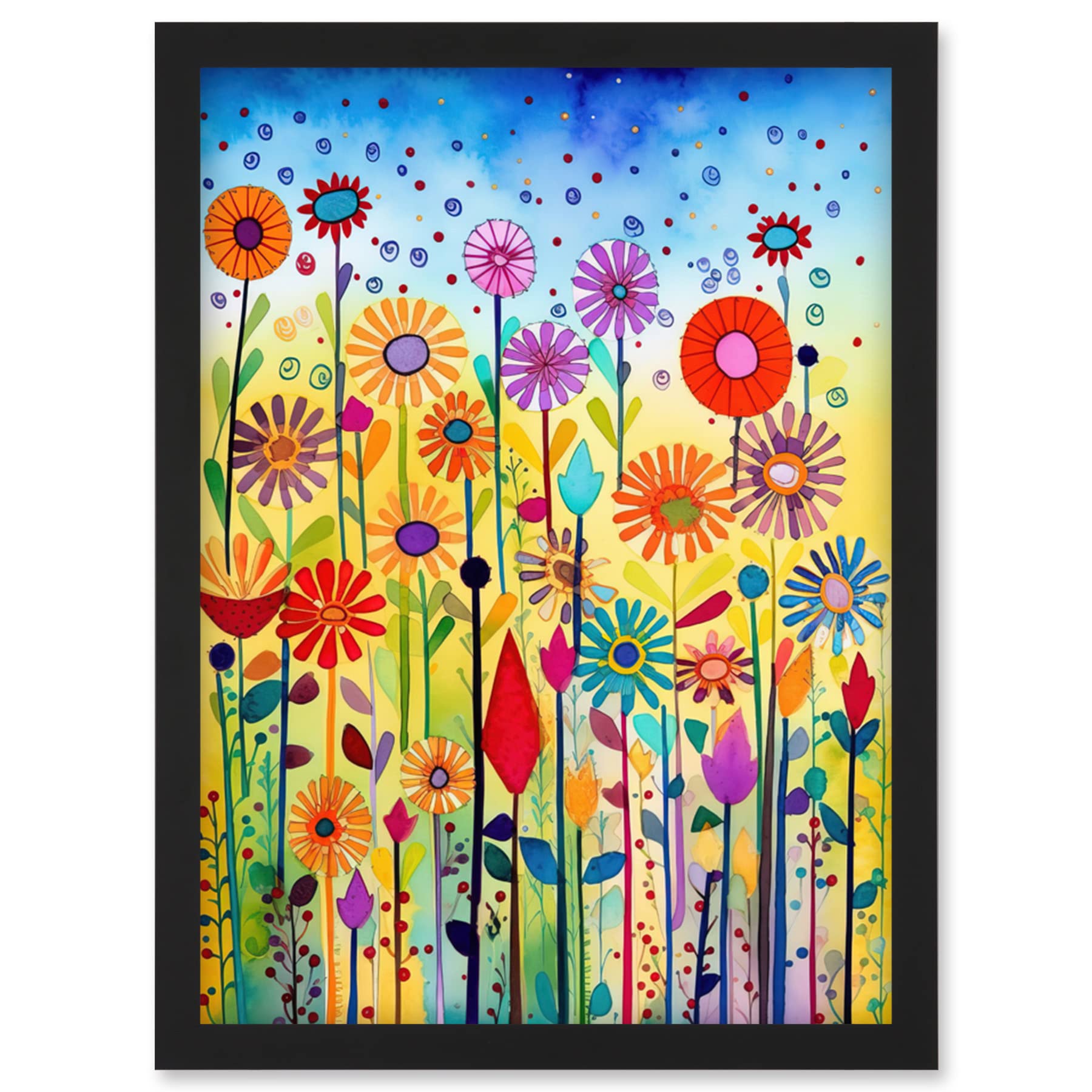 Tall Mixed Flowers Modern Folk Art Watercolour Framed Wall Art Picture Print A4