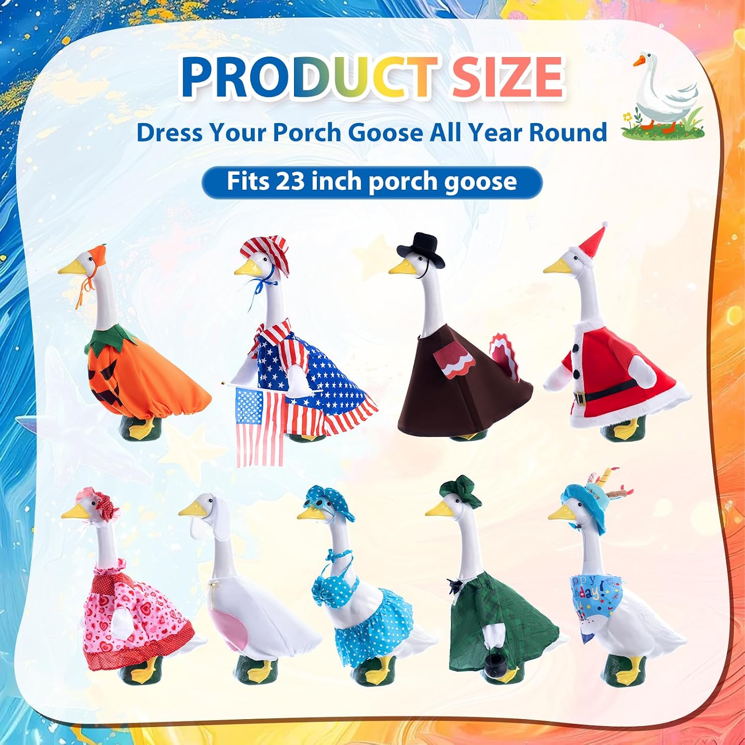 9 Set of Holiday Porch Goose Outfits All Seasons Holiday Christmas Birthday Easter Summer Hawaiian 4th of July Fall Lawn Goose Clothing Porch Clothes for Patio Yard Lawn Decor
