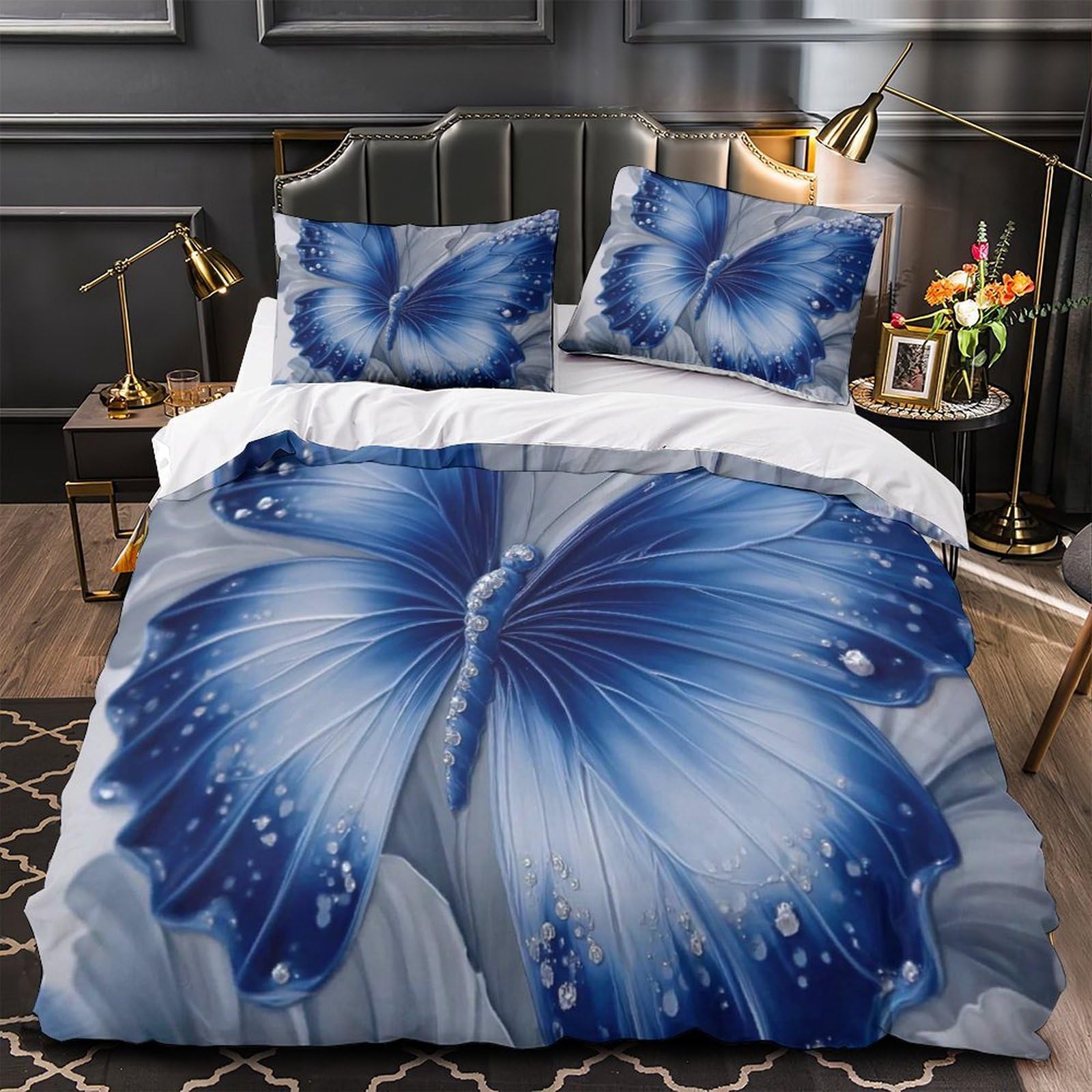 Housse de couette microfibre respirante et douce parure de lit papillon bleu anti-allergie