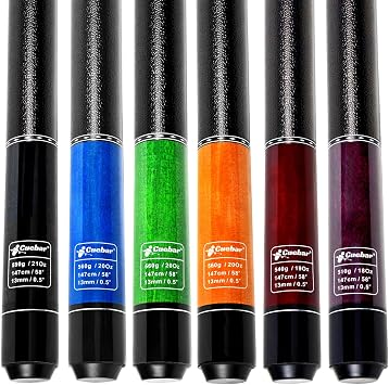 Set of 6 Pool Cues for House Bar, 58" 2-Piece Maple Billiard Sticks | 6 cues 18-21oz 6 assorted colors. Imitation leather grip. For commercial & family group. Gift/self-use