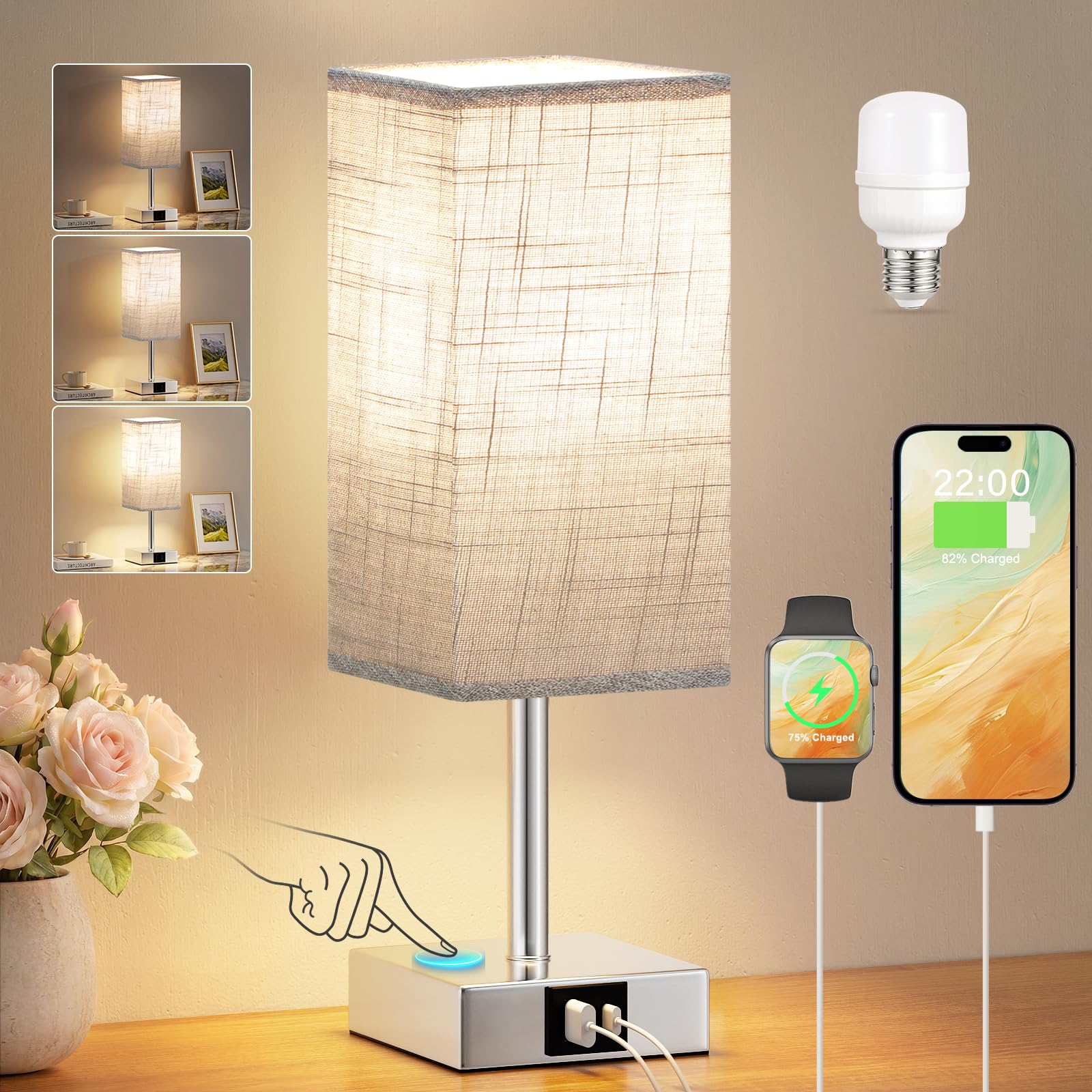 PreeOtti Grey Table Lamp, Touch Lamp with 3-Way Dimmable Touch Control, Silver Base(Bulb Included)
