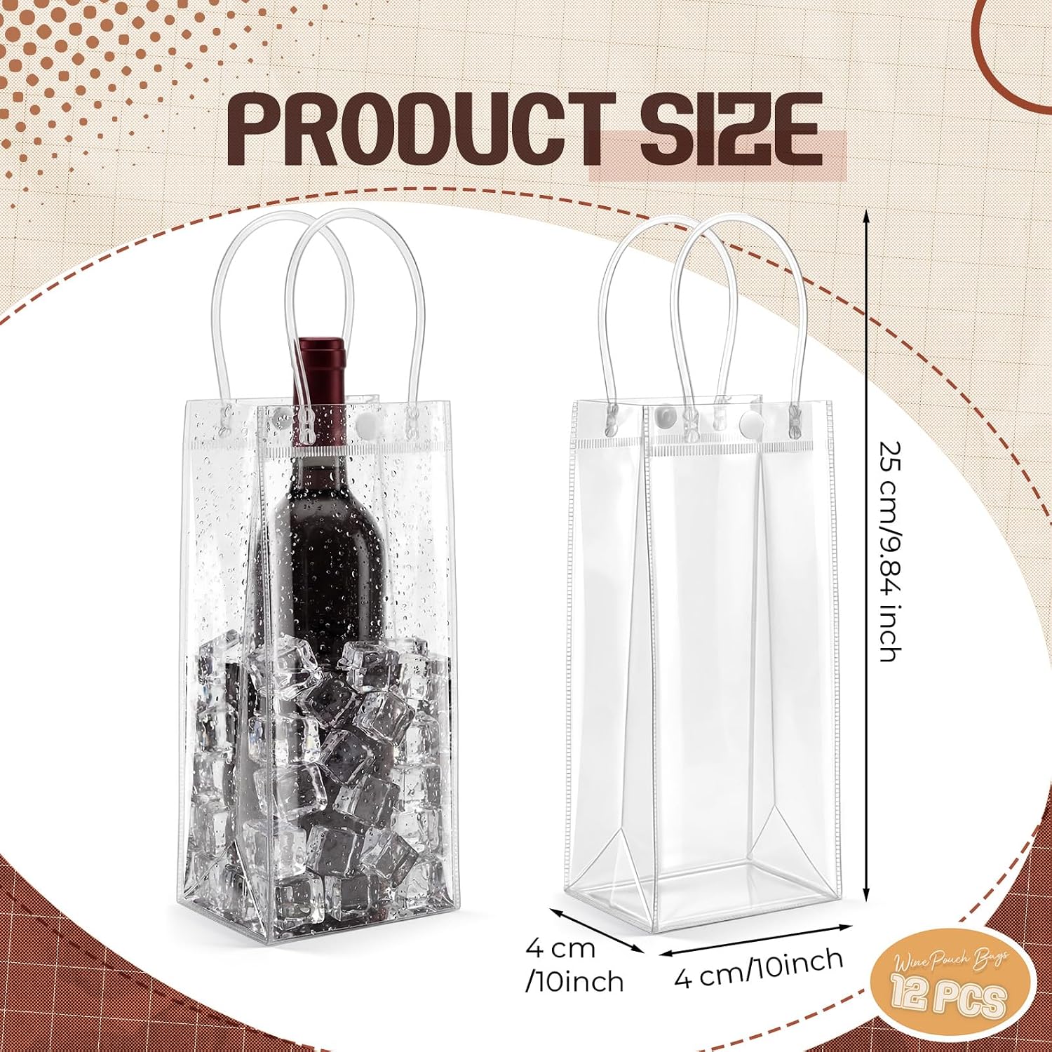 12 Pcs Ice Wine Cooler Bag 9.8'' Portable Collapsible Clear Wine Pouch with Handle Clear PVC Champagne Pouch Freestanding Carrier Chilling Bucket for Red White Outdoor Party Cold Beverage