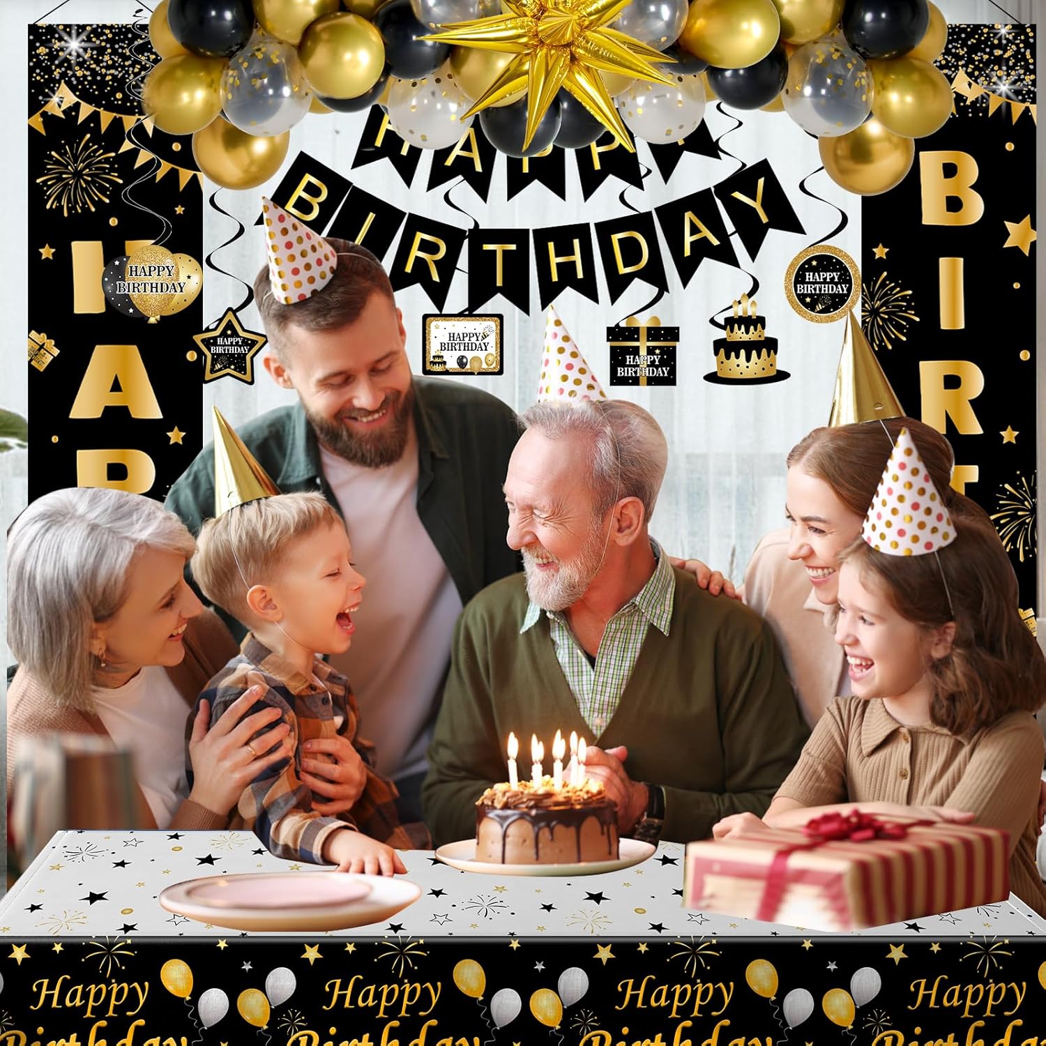 Black and Gold Birthday Decorations for Men Women, Happy Birthday Decorations Gold and Black Party Decoration Kit, Happy Birthday Banner Balloons Tablecover Fringe Curtain Swirls, Mens Man Bday Decor - Image 7