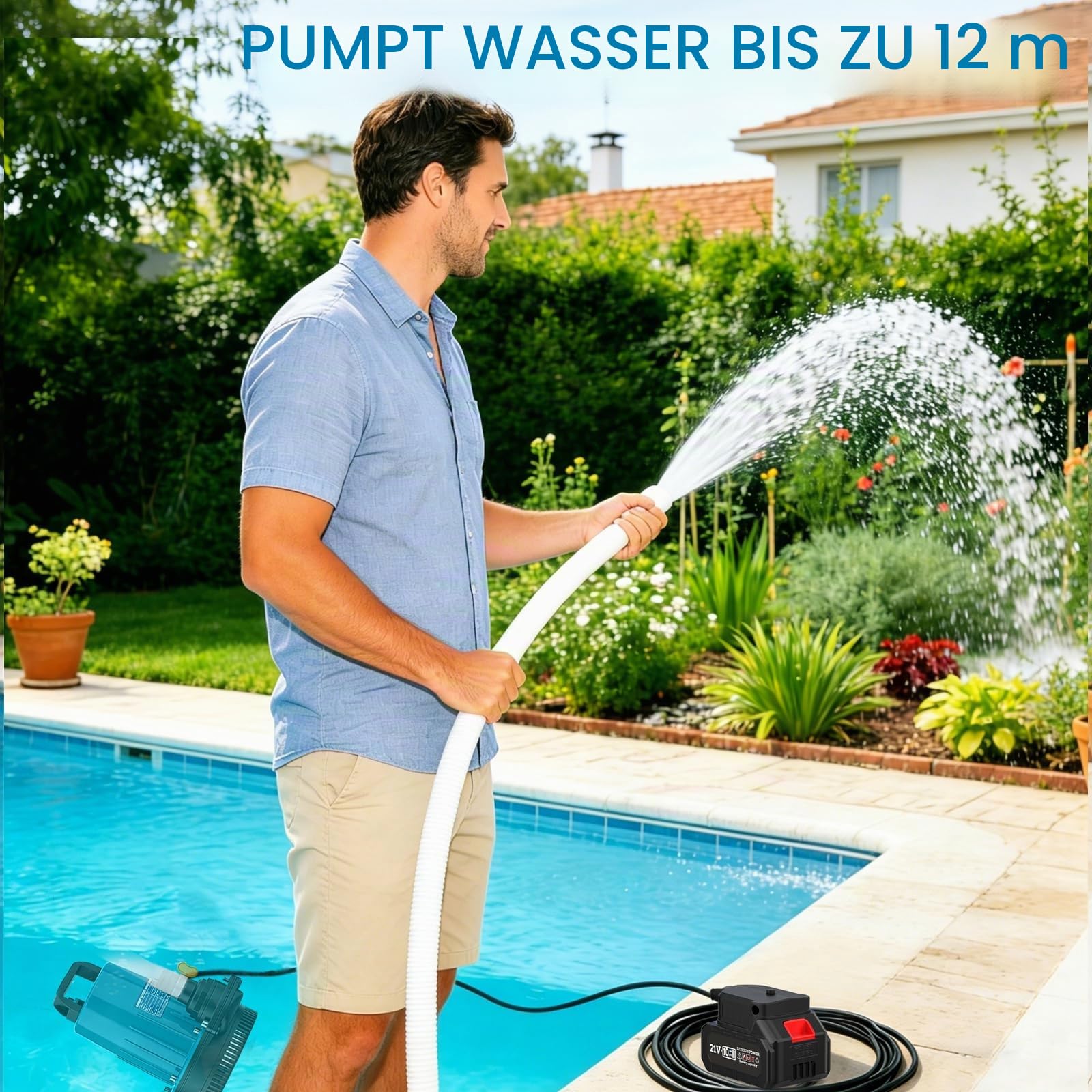 Akku Tauchpumpe, 11000 L/H Akku Klarwasserpumpe, 5m Verbindungskabe, Förderhöhe 12m, Tauchpumpe für Pool, Wasserbetten, Garten Dusche, Pfütze (Inklusive 21V Akku und Ladegerät)