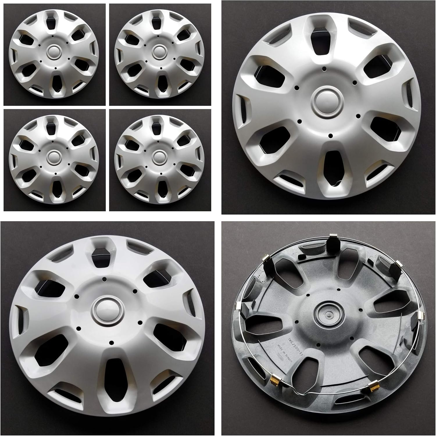 New Wheel Covers Replacements Fits 2010 2013 Ford Transit Connect 15 Inch; 6 Spoke; Silver Color; Plastic; Set of 4; Spring Steel Clip