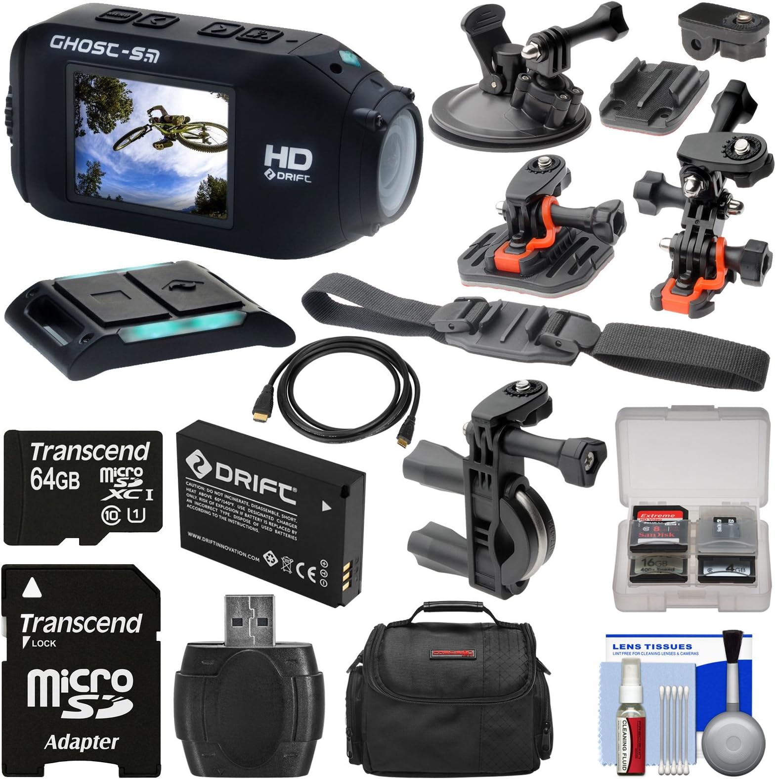 Drift Innovation HD Ghost-S Wi-Fi Waterproof Digital Video Action Camera Camcorder with 64GB Card + 2 Helmet, Flat, Handlebar & Suction Cup Mounts + Battery + Case + Kit