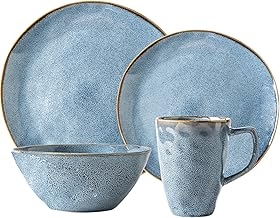 POCHY Conjunto de louça de porcelana redonda de 16 peças de louça de cozinha conjuntos de louça de reação esmalte pratos de jantar com prato de jantar prato de sobremesa