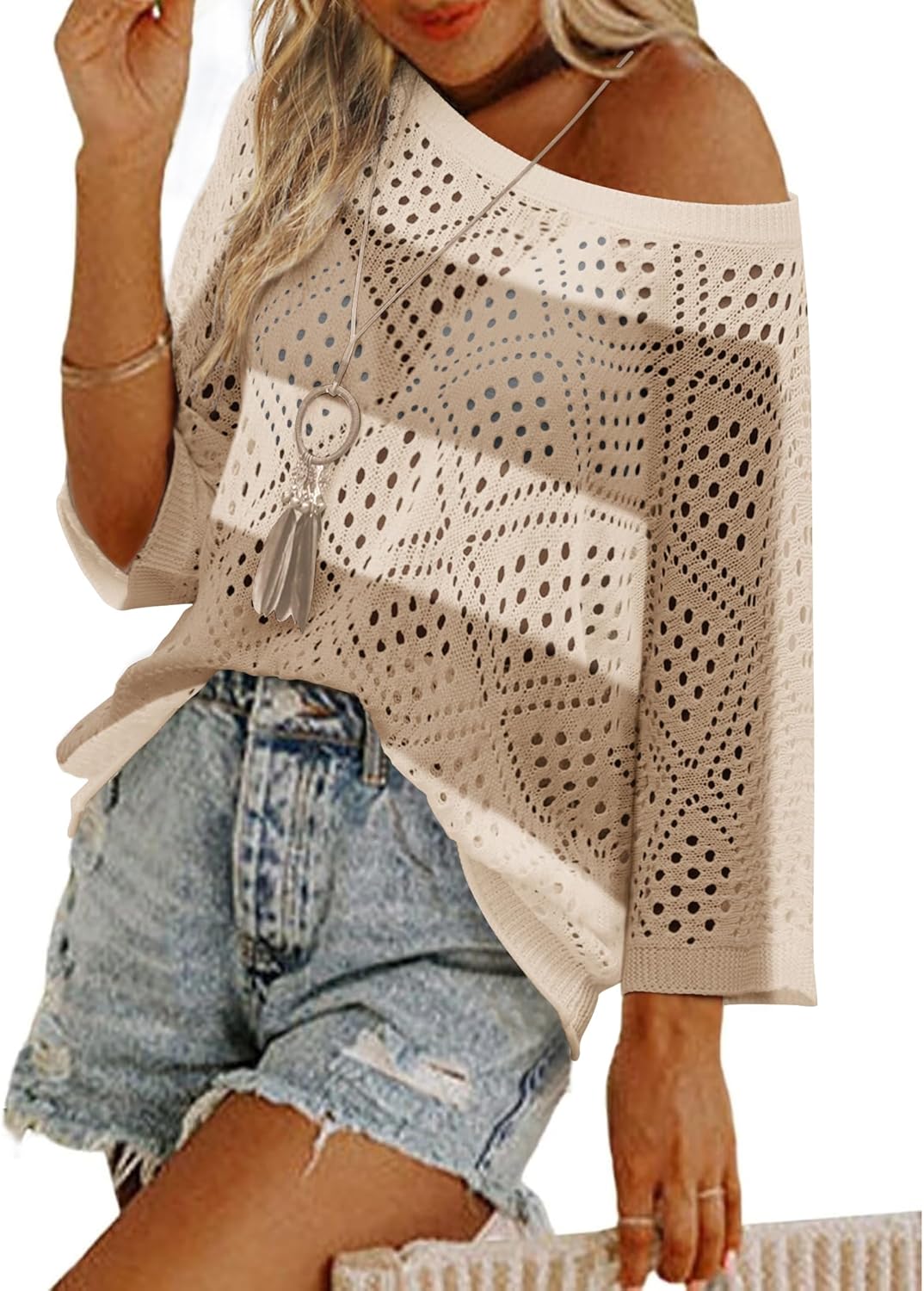 Zeagoo Women’s 2025 Spring Summer Crochet Top Hollow Out 3/4 Sleeve Sweater Off Shoulder Beach Knit Coverup