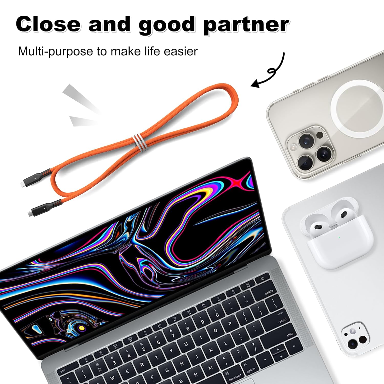 40Gbps Thunderbolt 4 Cable 10ft USB C to USB C Cable, 240W(5A) Charging Cord, Braided Type C Cable Compatible for Dual 8K/4K Display, USB4, SSD, eGPU, Mac Studio/mini, iPhone,Orange