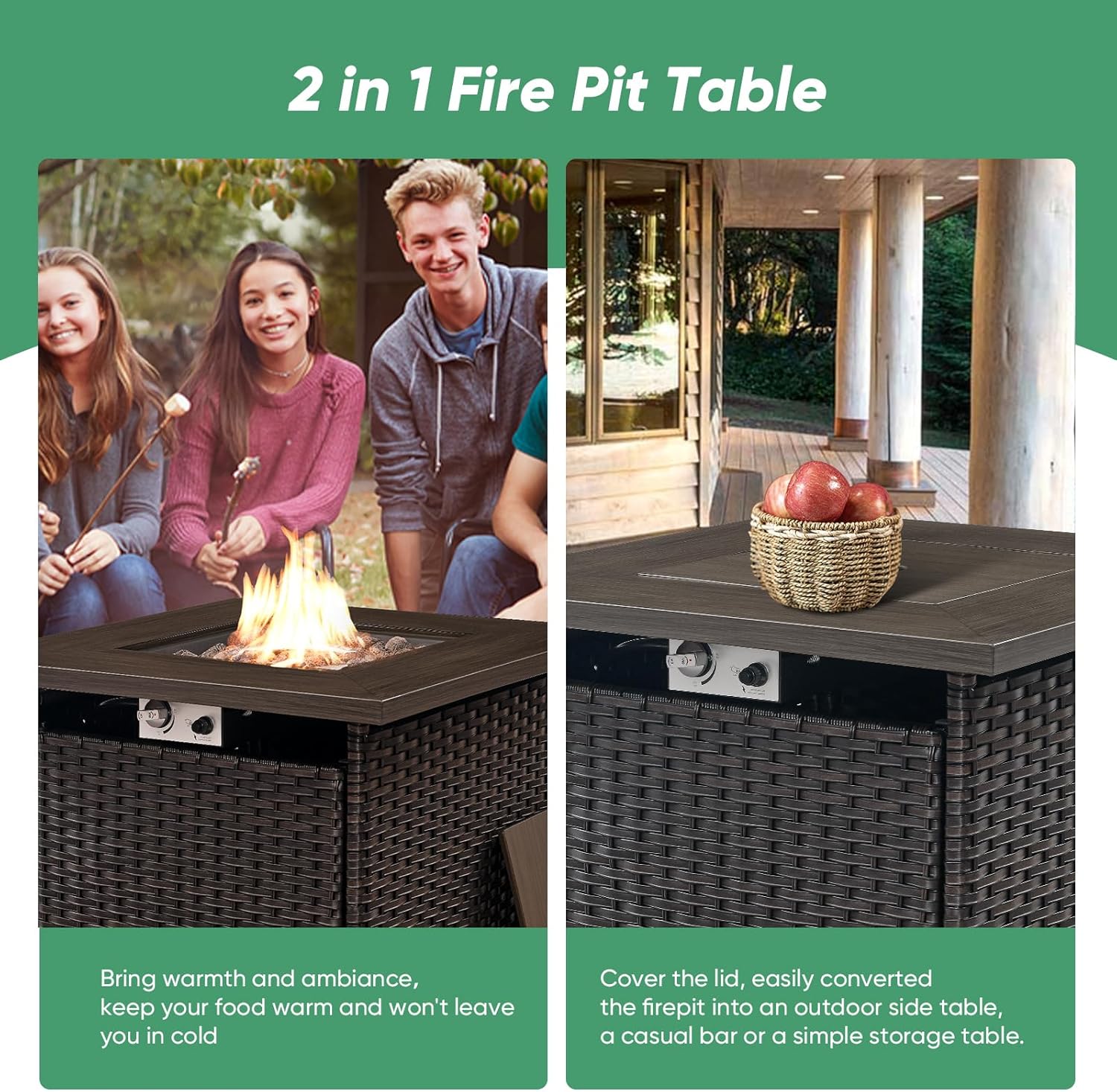 Belord 5 Piece Patio Furniture Set with Fire Pit Table - Outdoor Conversation Set with Propane Fire Pit and 4 Wicker Chairs for Backyard Patio or Casual Gathering Brown