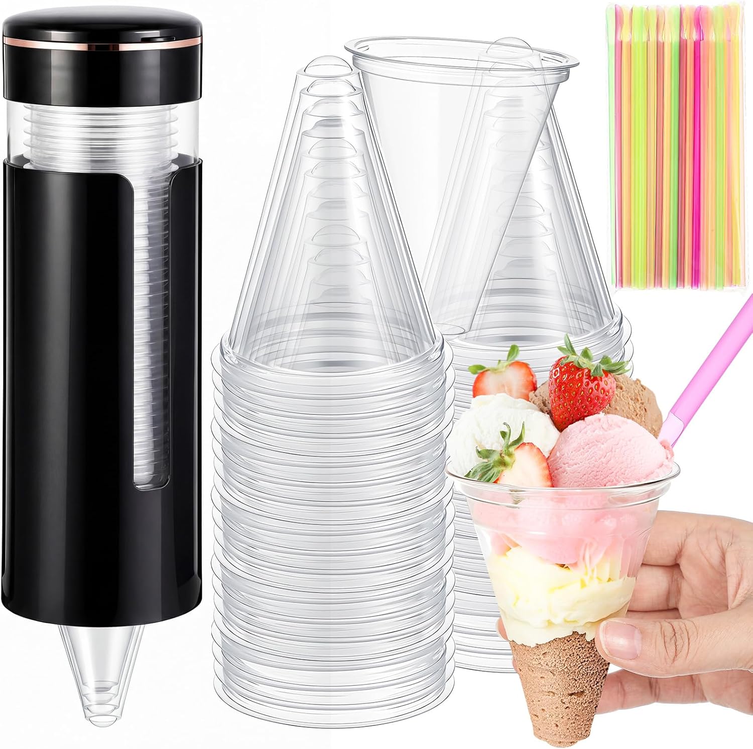 Roshtia 300 Pcs 4 oz Plastic Snow Cone Cups and Straw Spoon with Cups Dispenser Pull Type Wall Mount Cup Holder Thicken Disposable Plastic Cup for Restaurants, Home, and Office, and Shaved Ice (Clear)
