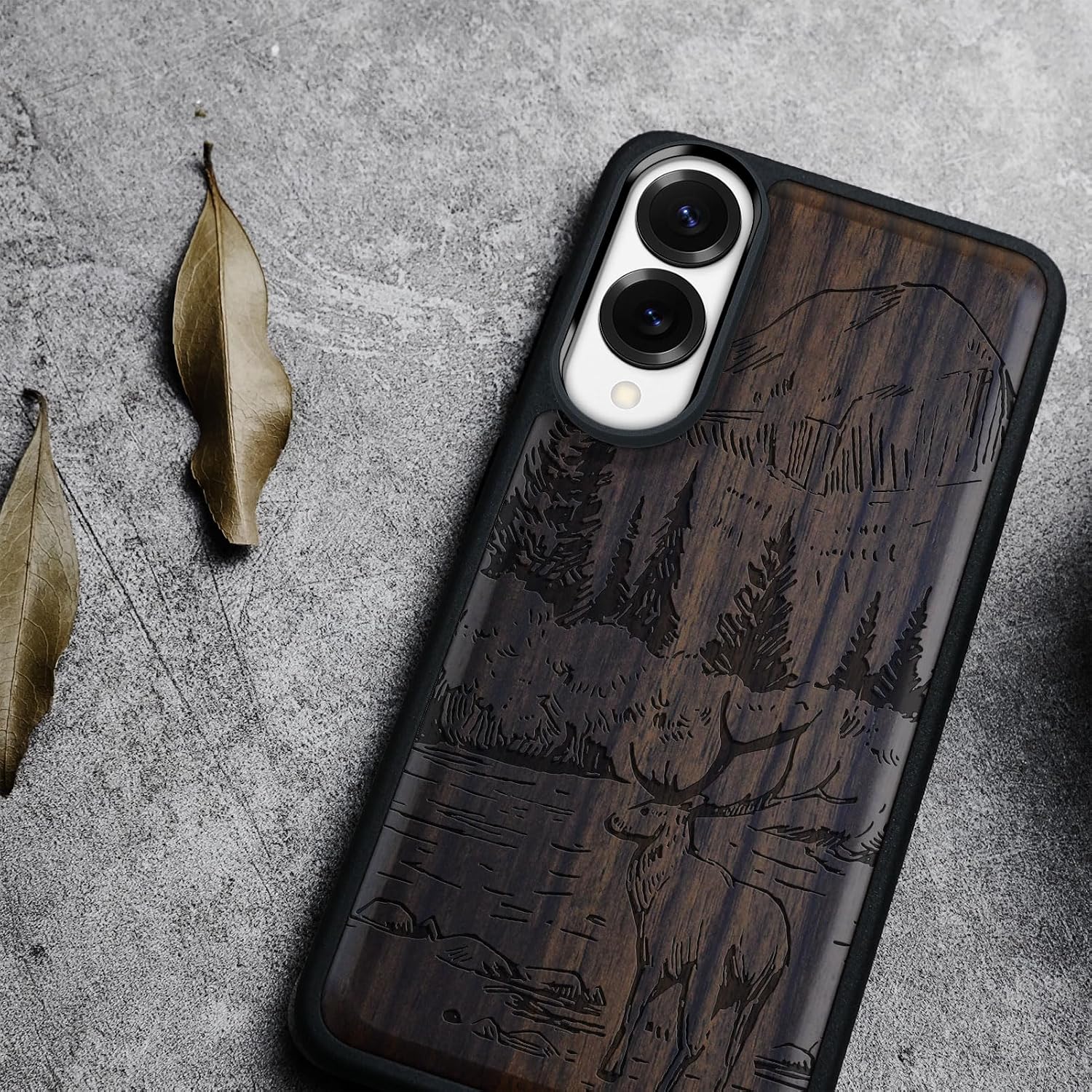 Carveit Magnetic Wooden Case for Samsung Galaxy S25 Edge Case 2025, TPU Shockproof Cover & Wood Artisan Engraved, Compatible with MagSafe Wireless Chargers (Mountains and Deer) Blackwood