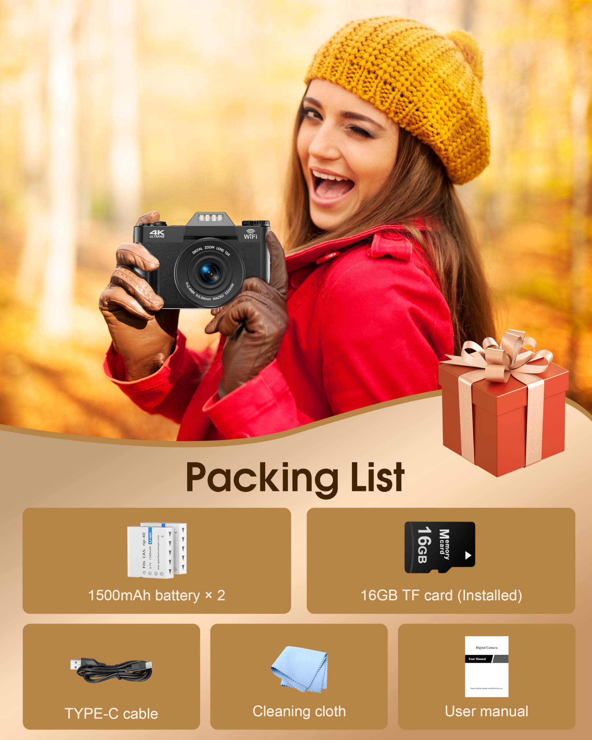 4K 75MP Digitalkamera mit WLAN & 180° Flip 3.0" Bildschirm, Autofokus Vlogging Fotoapparat mit 2X 1500mAh Batterien, Mikro-SD-Karte, Kompaktkamera für Erwachsene, Senioren & Anfänger