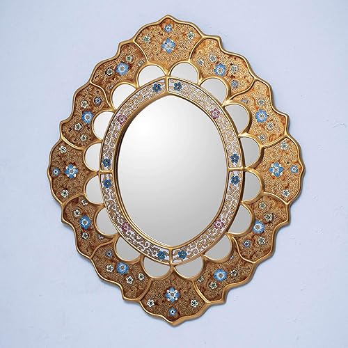 Miniatura 4 de NOVICA Espejo de pared de madera y vidrio pintado inverso, metálico, 'Sweet Flower Majesty'