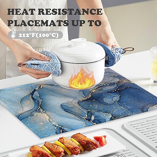 Miniatura 4 de Juego de 6 manteles individuales de mármol azul dorado, abstracto, resistentes al calor, lavables, para fiestas, cocina, granja, hogar, comedor,