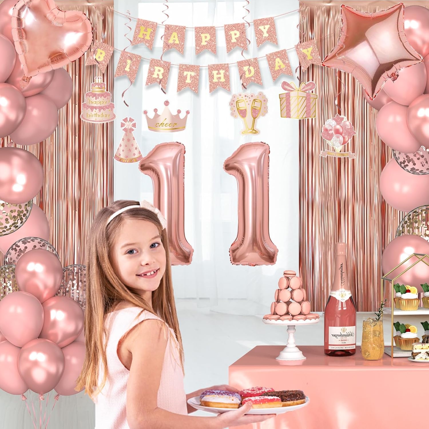 11th Birthday Decorations for Girls, Happy 11 Birthday Decorations for Her, Rose Gold Birthday Party Supplies with Banner, Number Balloons, Fringe Curtains, Hanging Swirls, Foil Balloons - Image 6