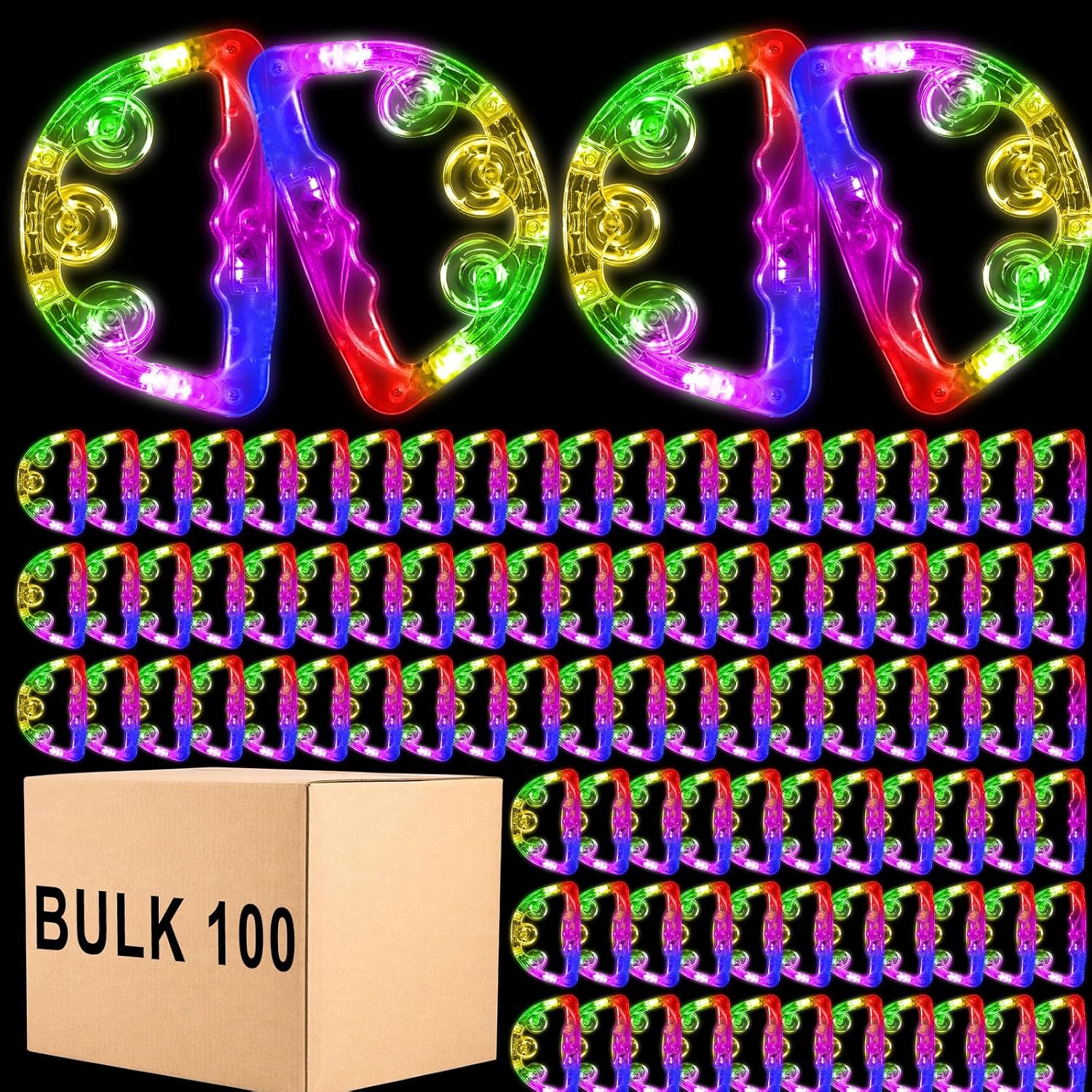 Yunsailing 100 Pack LED Light up Tambourines with Flashing Lights Tambourine Toys for Adults, Glow in The Dark Semicircle Handheld Percussion Musical Instrument for Dance Props (Multicolor Lights)