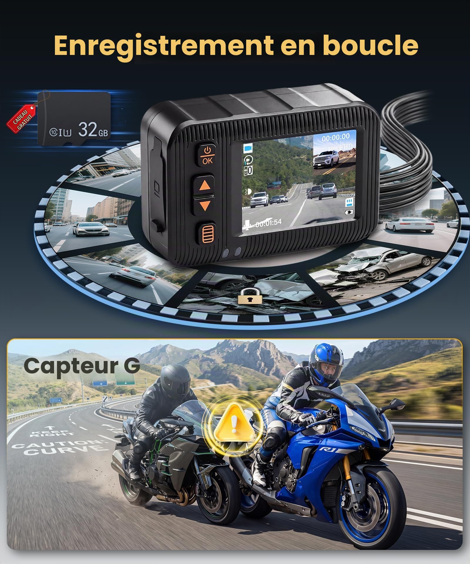 Hodozzy 2 Pouces 1080P Dashcam pour Moto, avec Vision Avant et Arrière, Etanchéité IP65, Enregistrement en Boucle, Surveillance Stationnement, Capteur G, Commande Filaire, Carte TF 32G