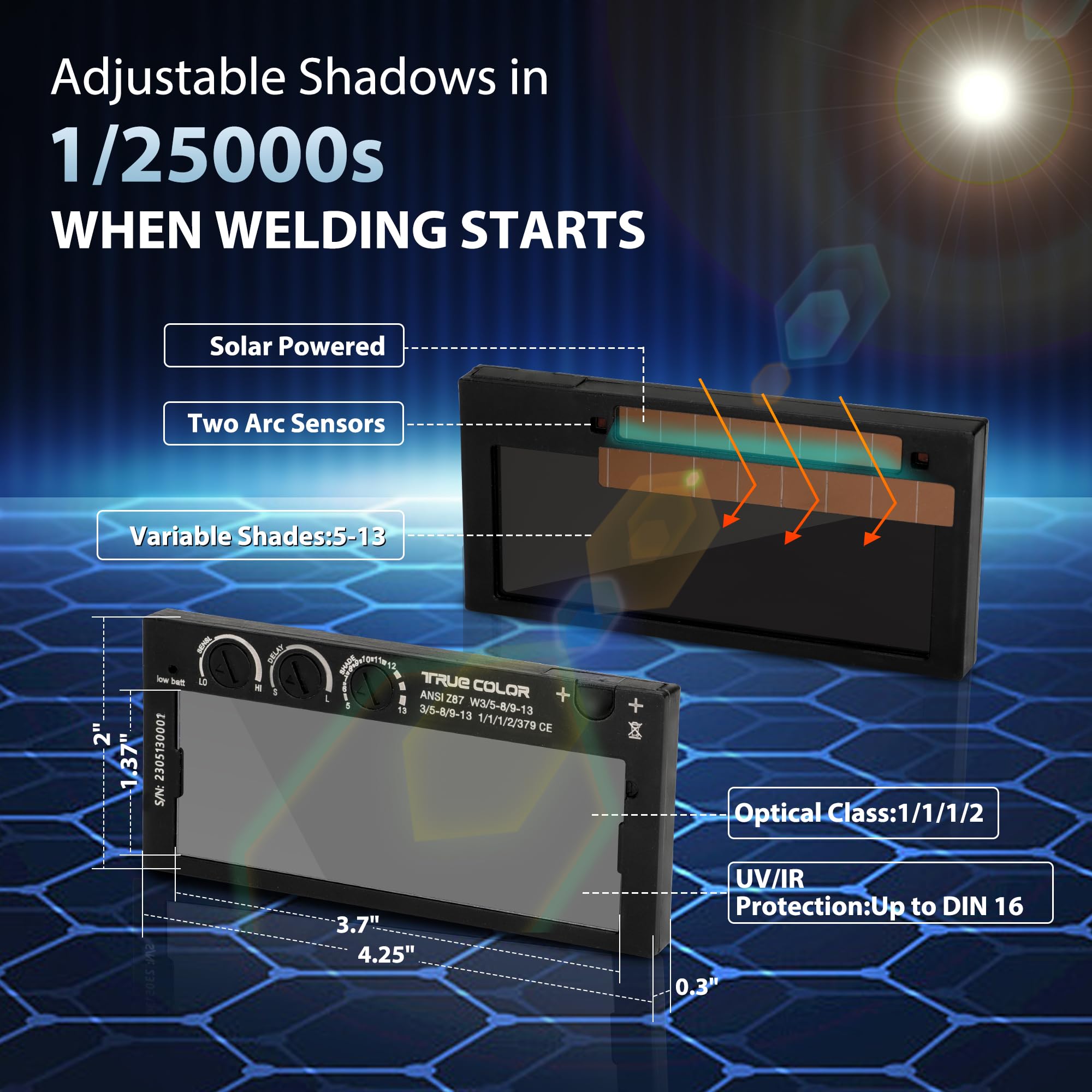 Lente de soldadura de oscurecimiento automático, 2 x 4.25, sombra variable 5-13, tecnología True Color, con lente de cubierta exterior de repuesto, se adapta a la mayoría de campanas de soldadura de