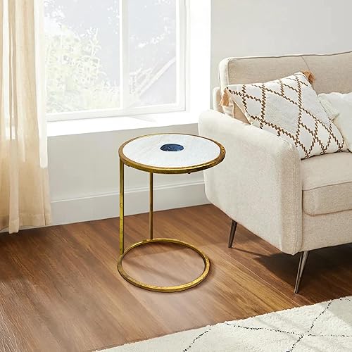 Miniatura 11 de The Urban Port Mesa auxiliar redonda de 20 pulgadas, parte superior de mármol blanco con incrustaciones de piedra de ágata azul, marco de hierro con