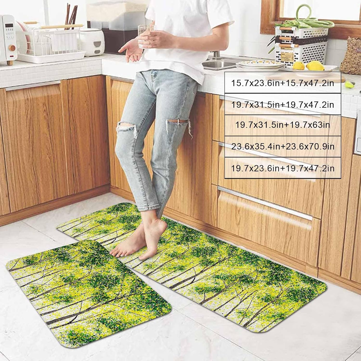 Birch Tree Kitchen Mat Set 2 Pieces Spring Summer Art Forest Yellow Green Leaf Rustic Birch Grove Non Slip Kitchen Rugs Washable Runner Rug Mats for Sink Laundry (15.7" x 23.6"+15.7" x 47.2")